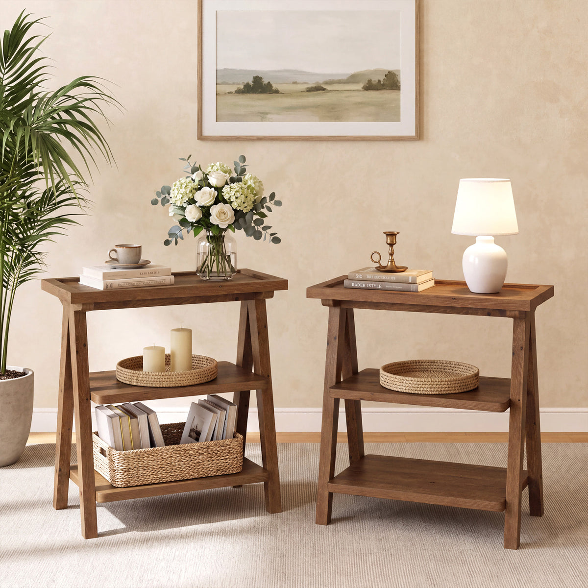65cm Narrow Side Table, 3-Tier Solid Wood for Living Room