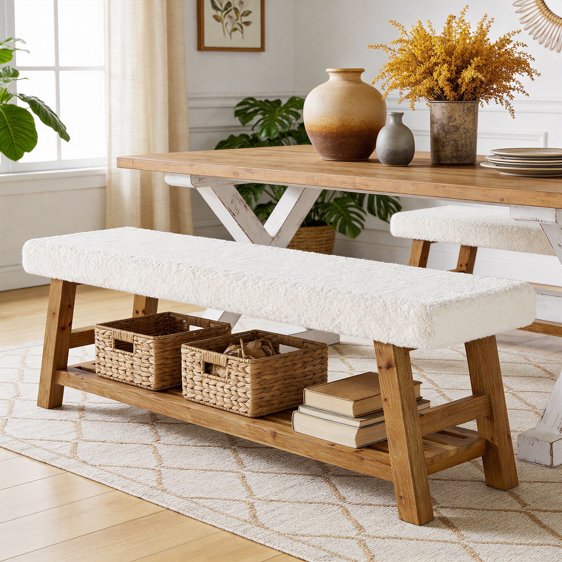 140cm Upholstered Dining Bench, 2-Tier Solid Wood Kitchen Table Bench with Cushion
