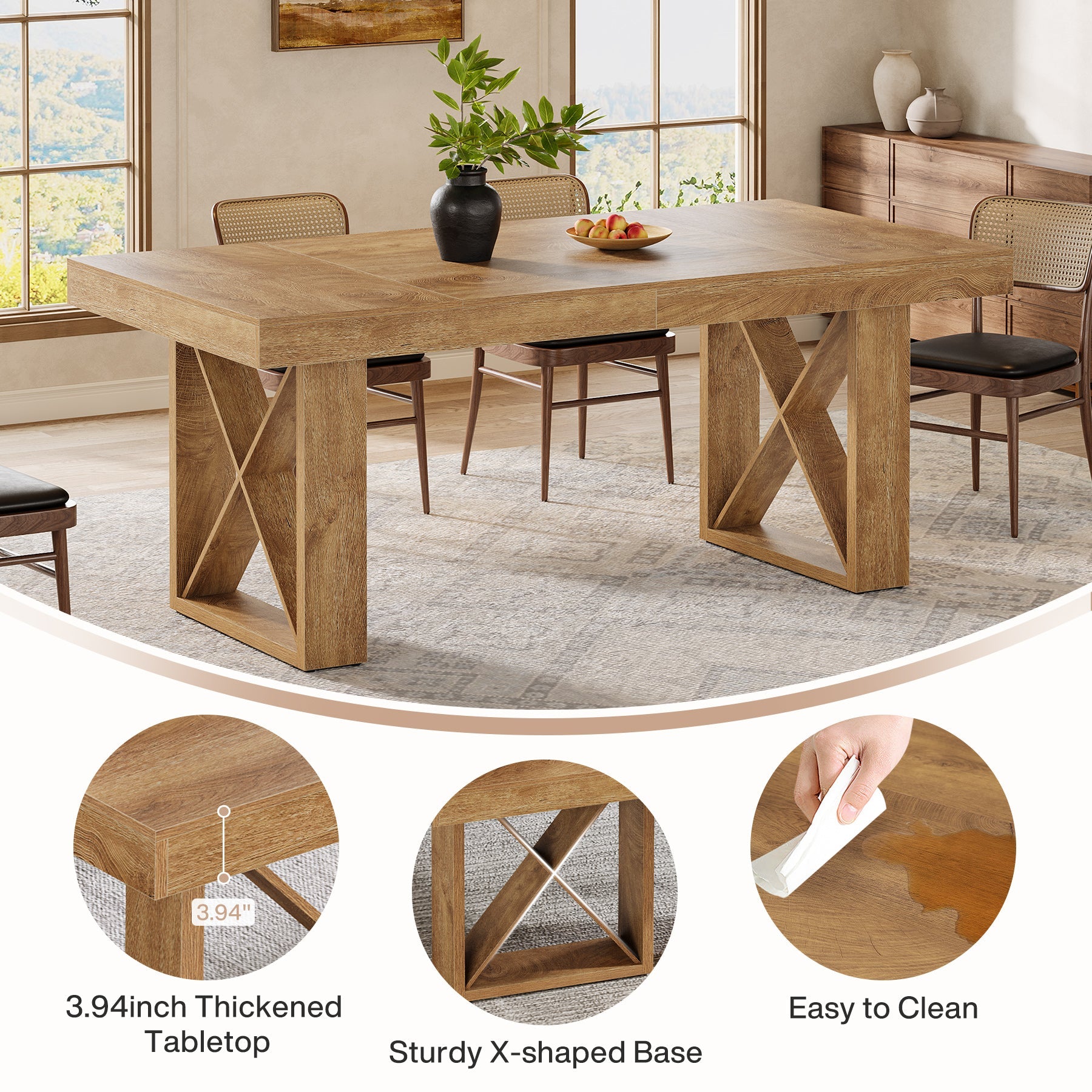 63" Dining Table for 4 People, Farmhouse Kitchen Table with Thick Top for Dining Room Living Room