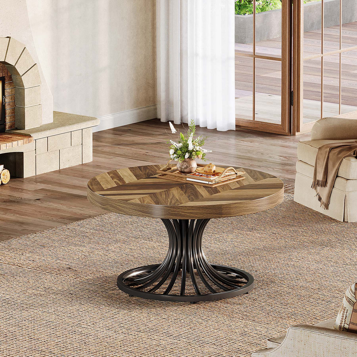 79cm Round Coffee Table, Rustic Wood Top with Metal Base for Living Room