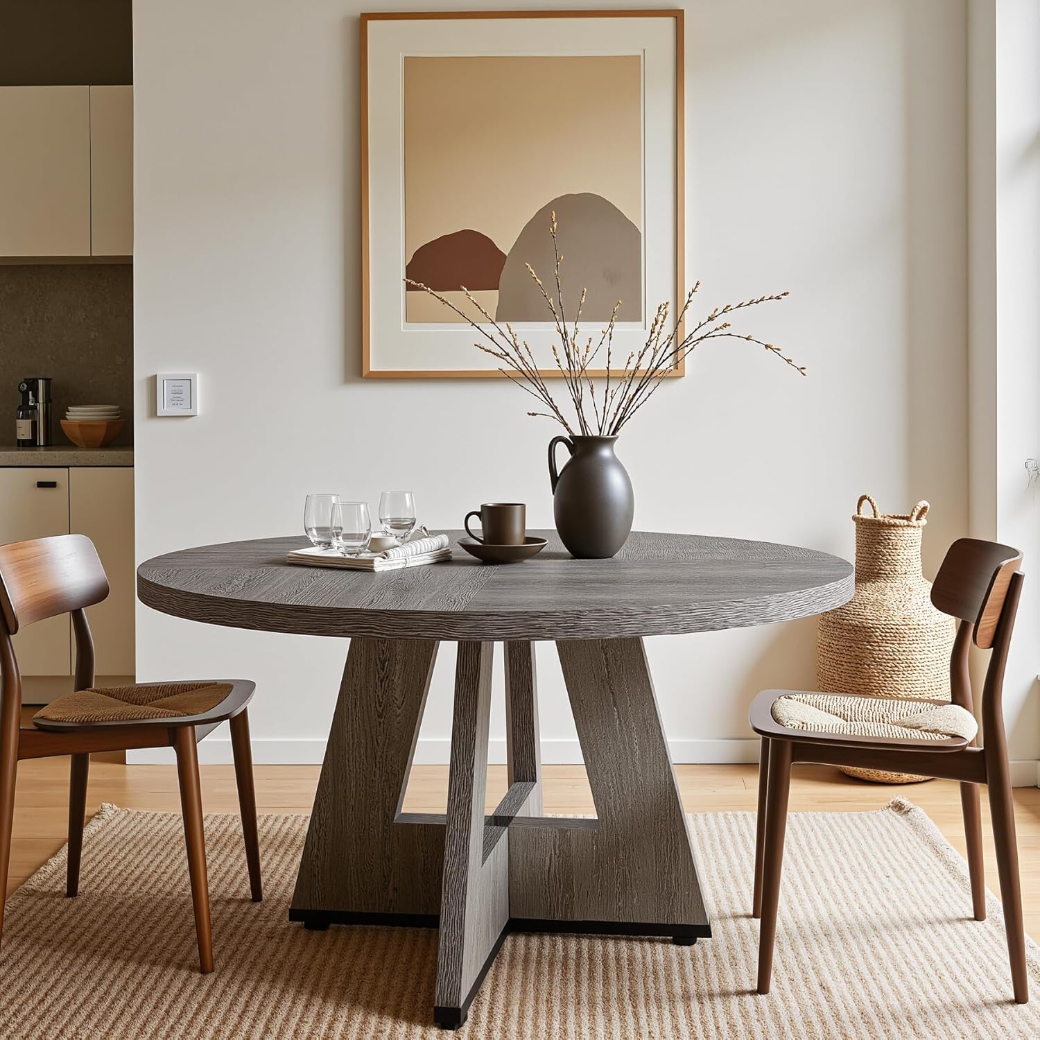 47" Round Dining Table, Farmhouse Wood Kitchen Table for 4-6 with Cross Base