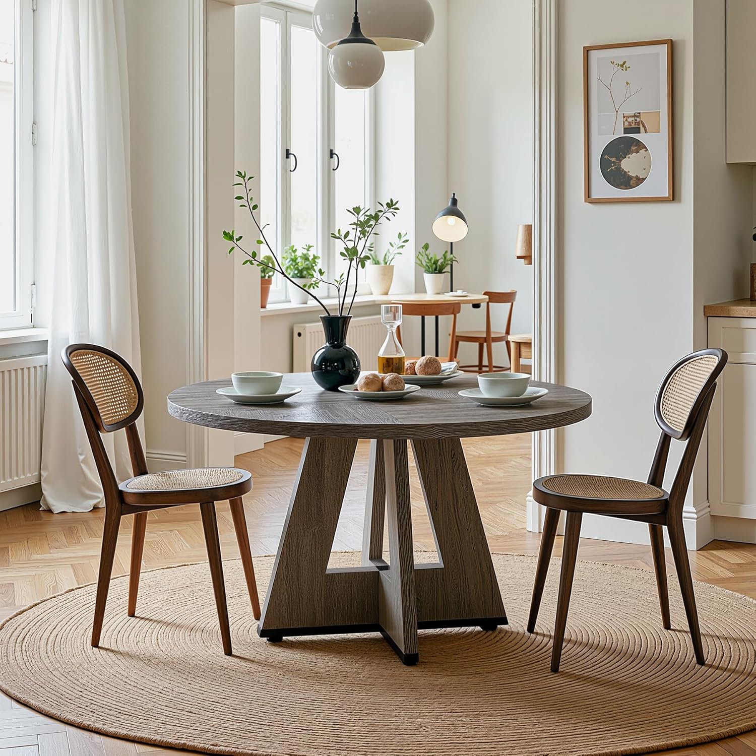 47" Round Dining Table, Farmhouse Wood Kitchen Table for 4-6 with Cross Base