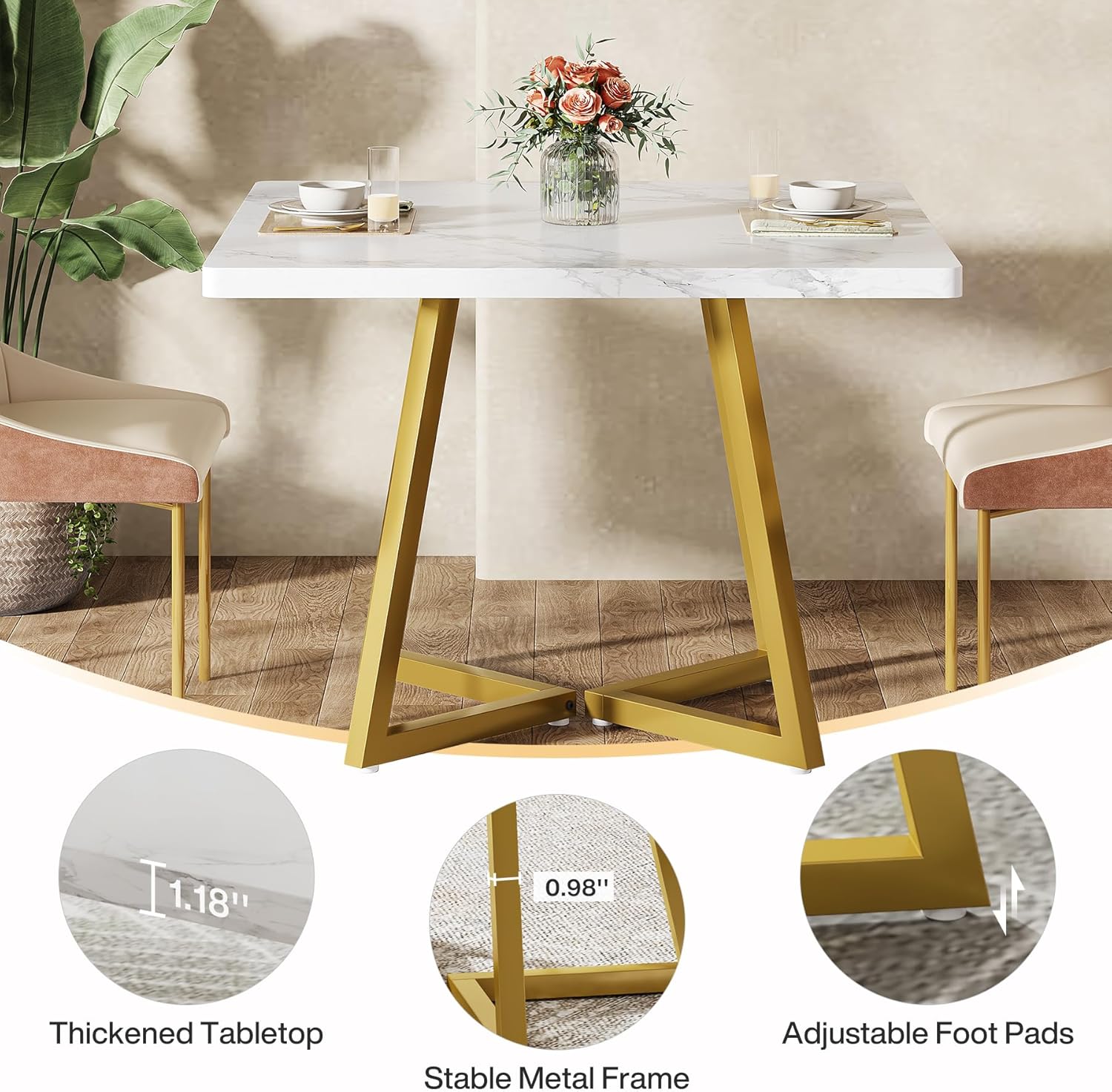 31.5" Square Dining Table, Wood Kitchen Table with Metal Legs for 4