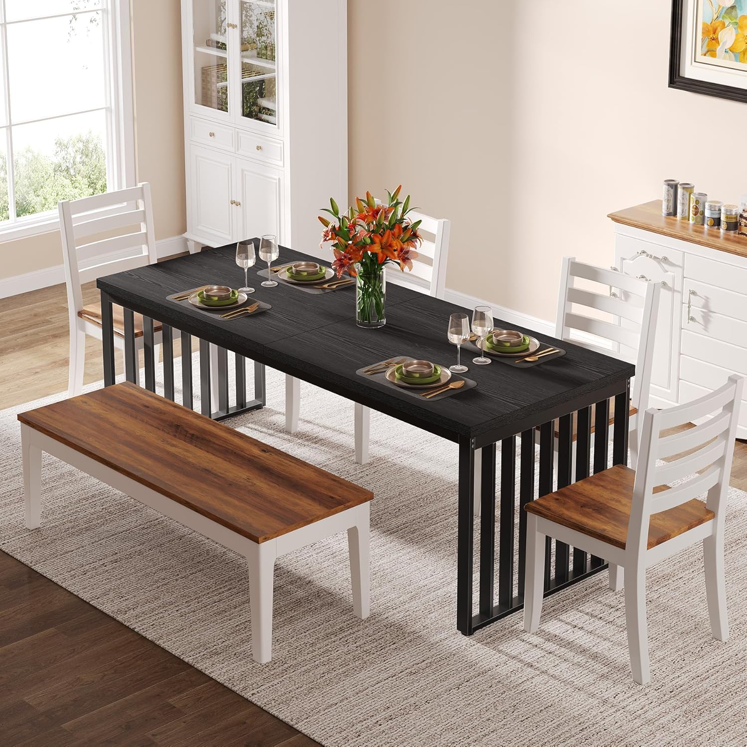 71" Modern Industrial Dining Table for 8, Long Farmhouse Kitchen Table with Metal Frame