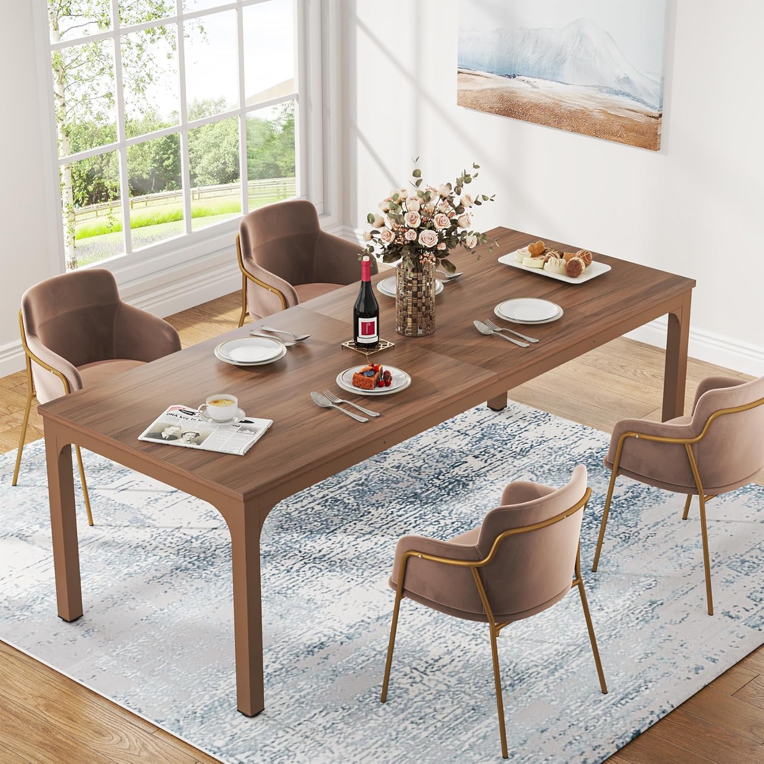 78" Rectangular Dining Table, Long Kitchen Table for 6-8 People