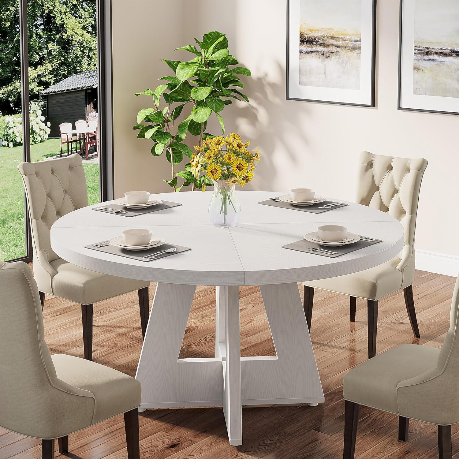 47" Round Dining Table, Farmhouse Wood Kitchen Table for 4-6 with Cross Base