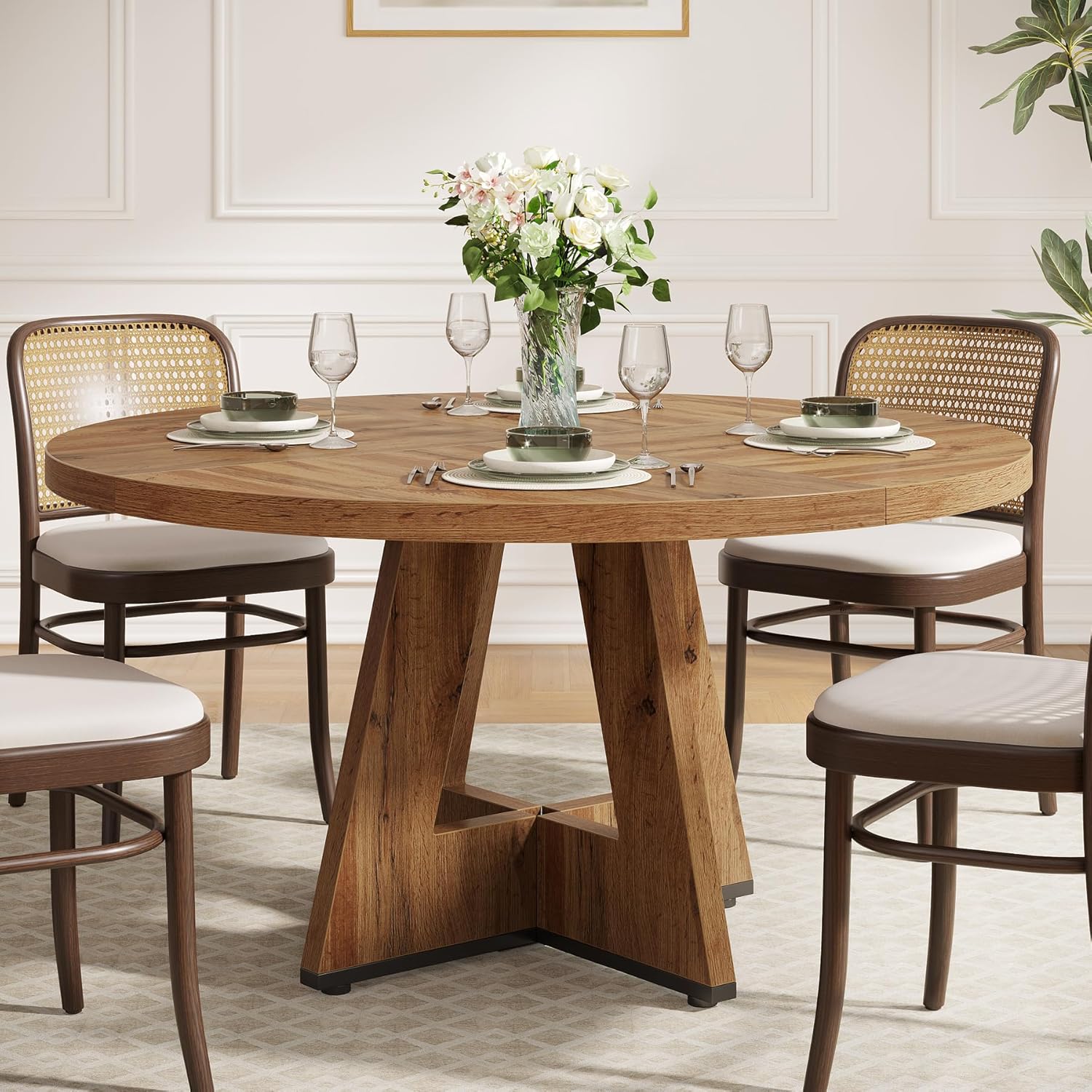 47" Round Dining Table, Farmhouse Wood Kitchen Table for 4-6 with Cross Base