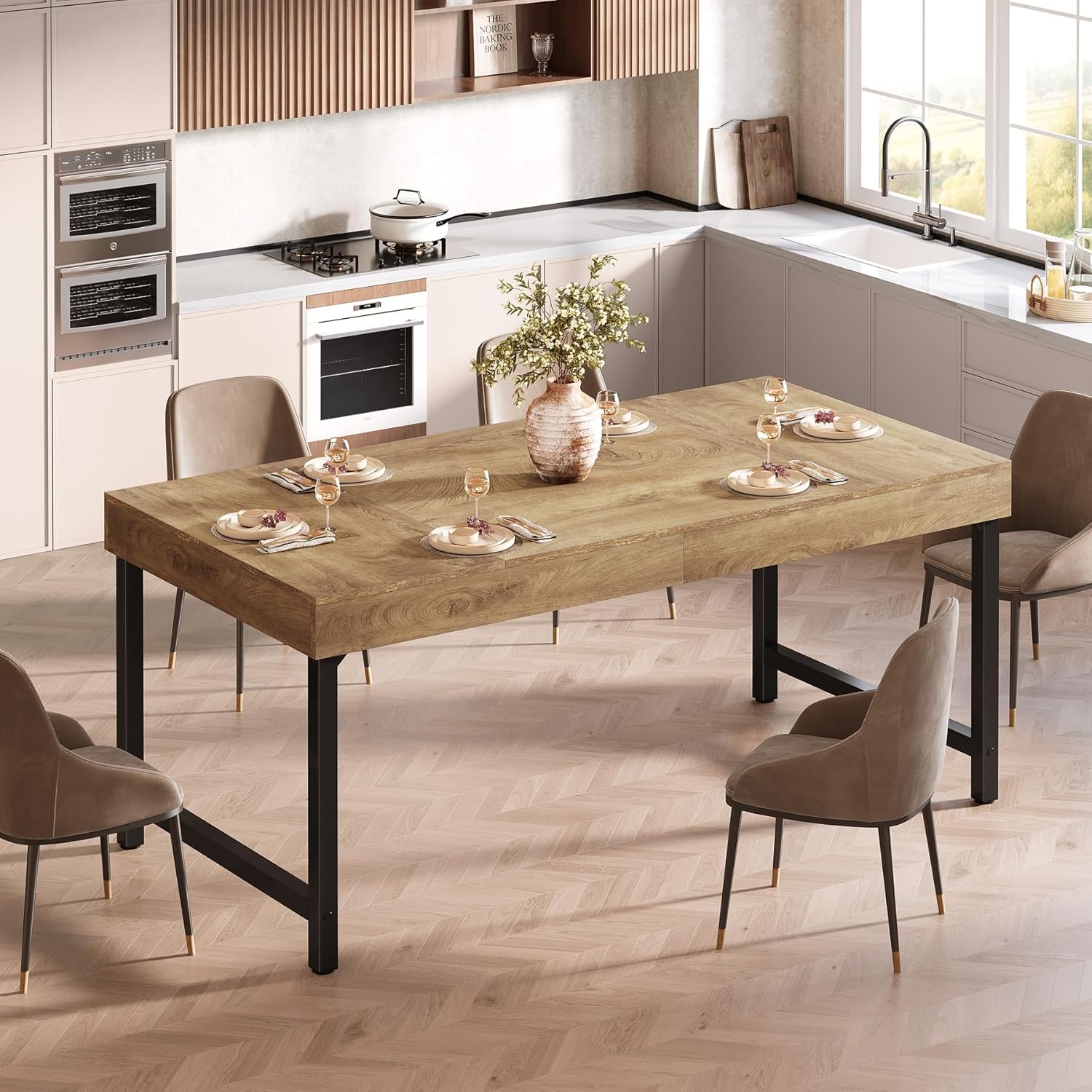 55" Tribesigns Farmhouse Dining Table, with Heavy-Duty Metal Legs for 4-6 People