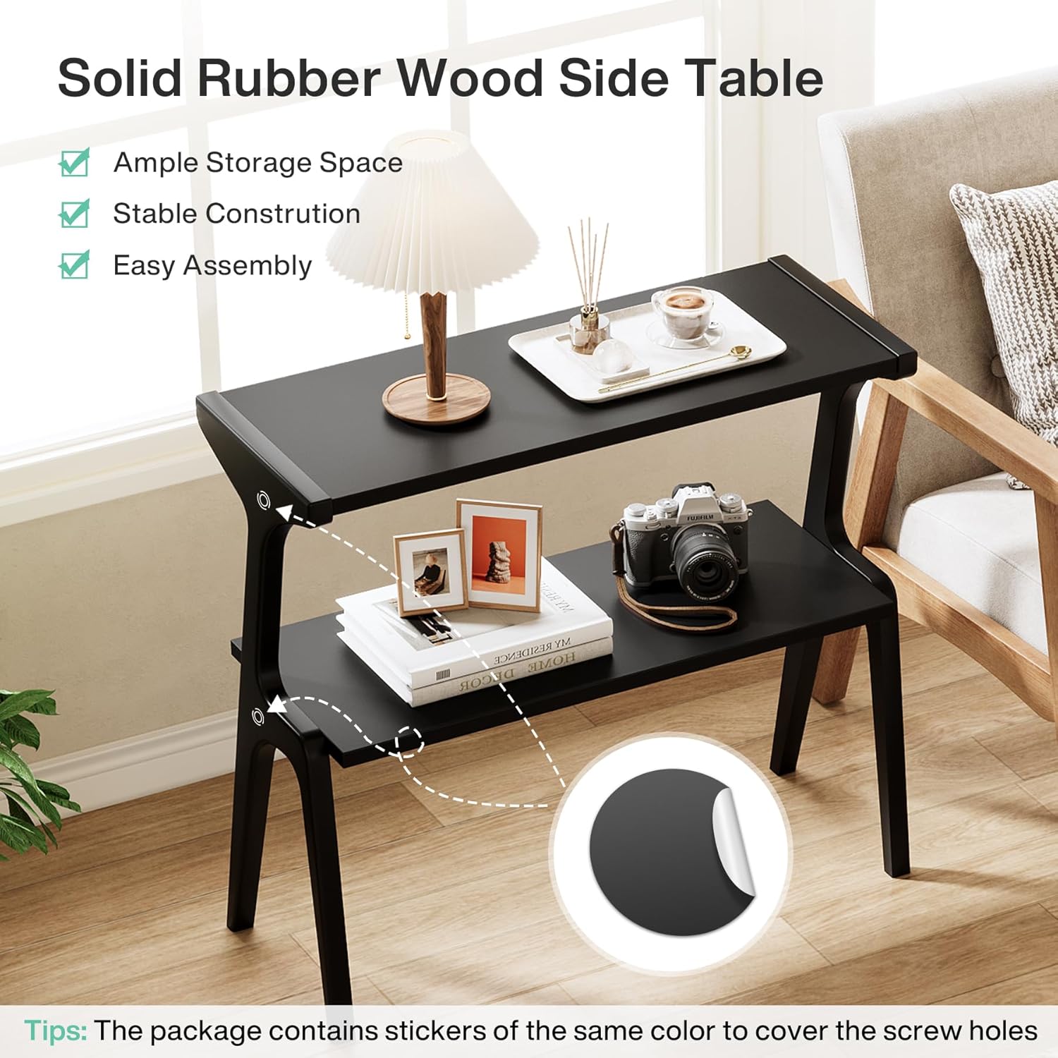 27.5" 2-Tier End Table, Slim Sofa Side Table with Storage Shelf