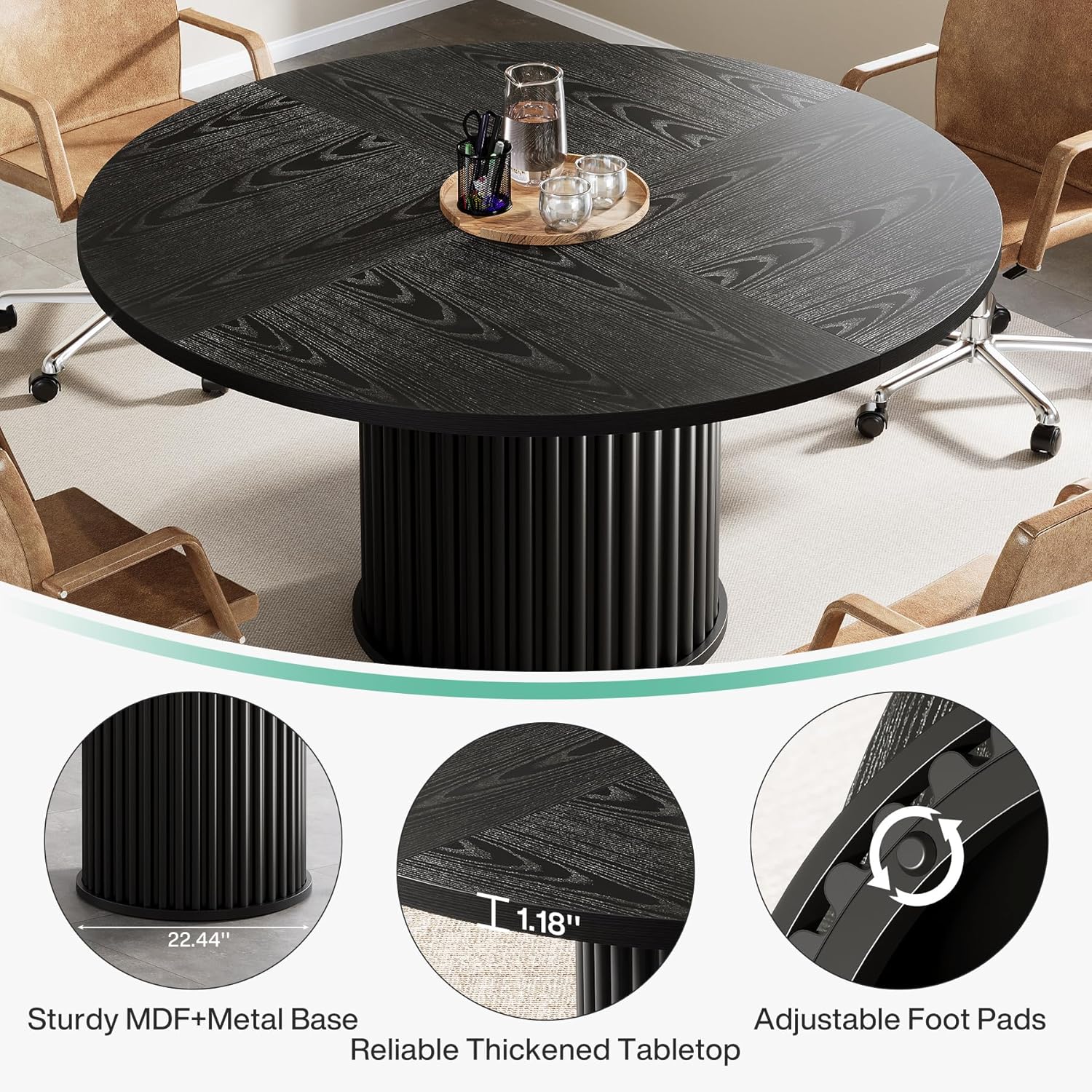 47" Round Conference Table for 4–6 People, Meeting Table with Sturdy Metal Base