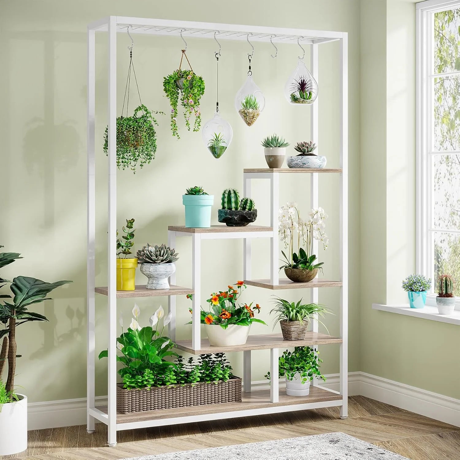 70.9" Plant Stand, Large Flower Bonsai Shelf with 6 S Hanging Hooks