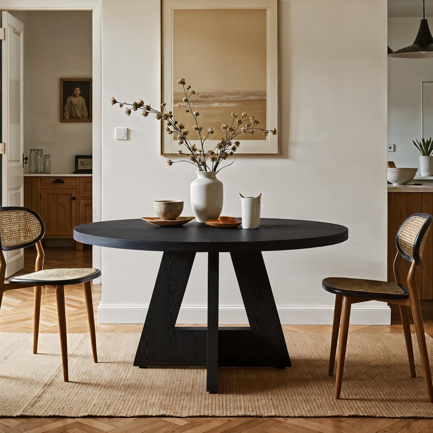 47" Round Dining Table, Farmhouse Wood Kitchen Table for 4-6 with Cross Base