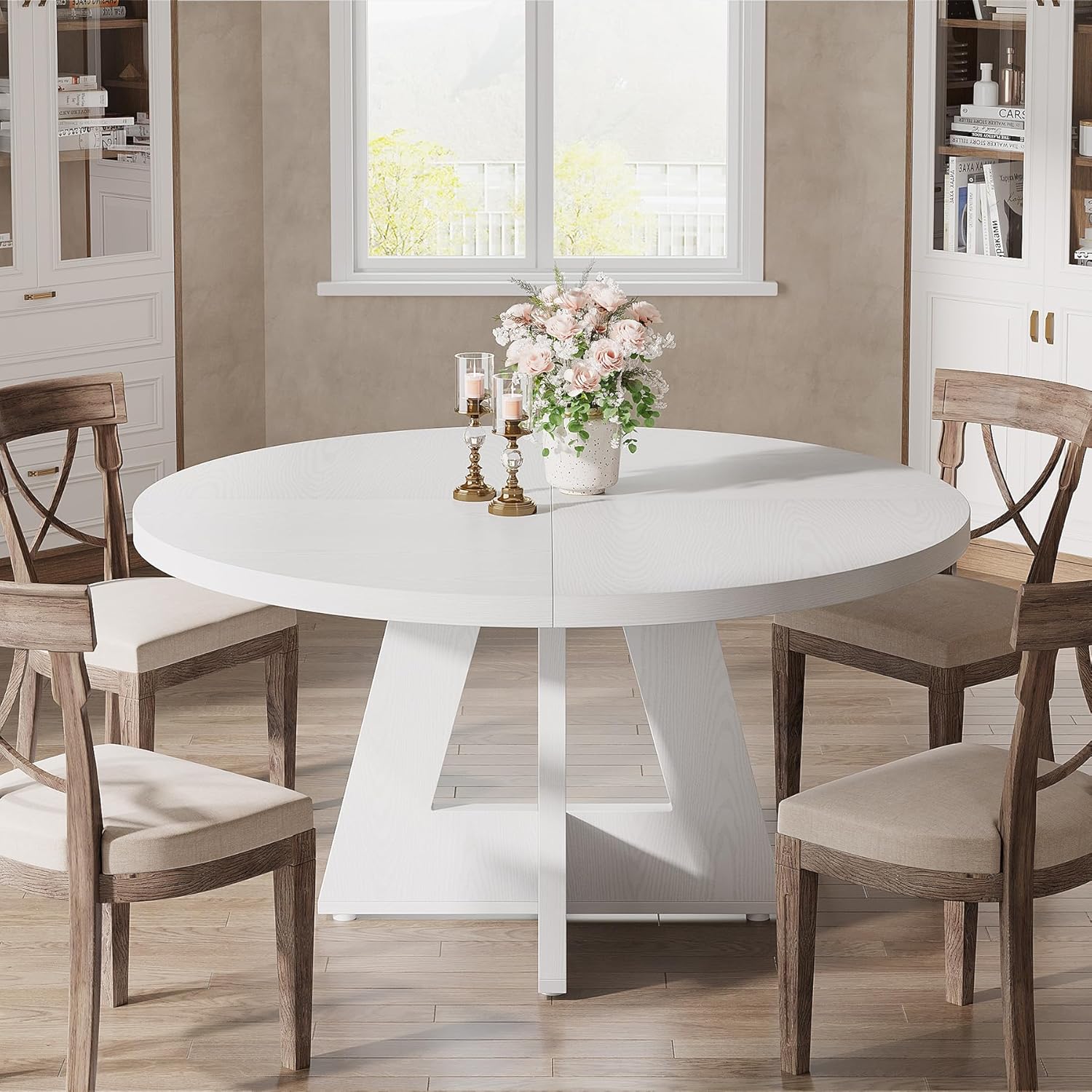 47" Round Dining Table, Farmhouse Wood Kitchen Table for 4-6 with Cross Base