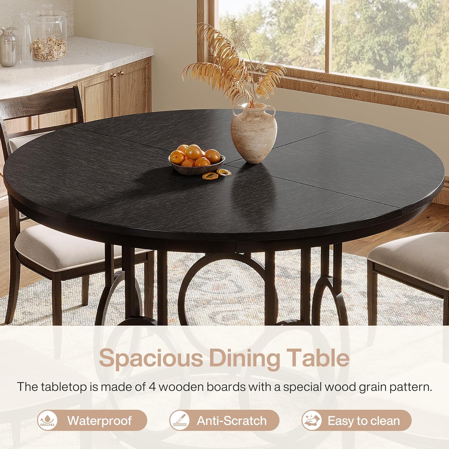 47" Wood Dining Table, Round Kitchen Table for 4-6 People