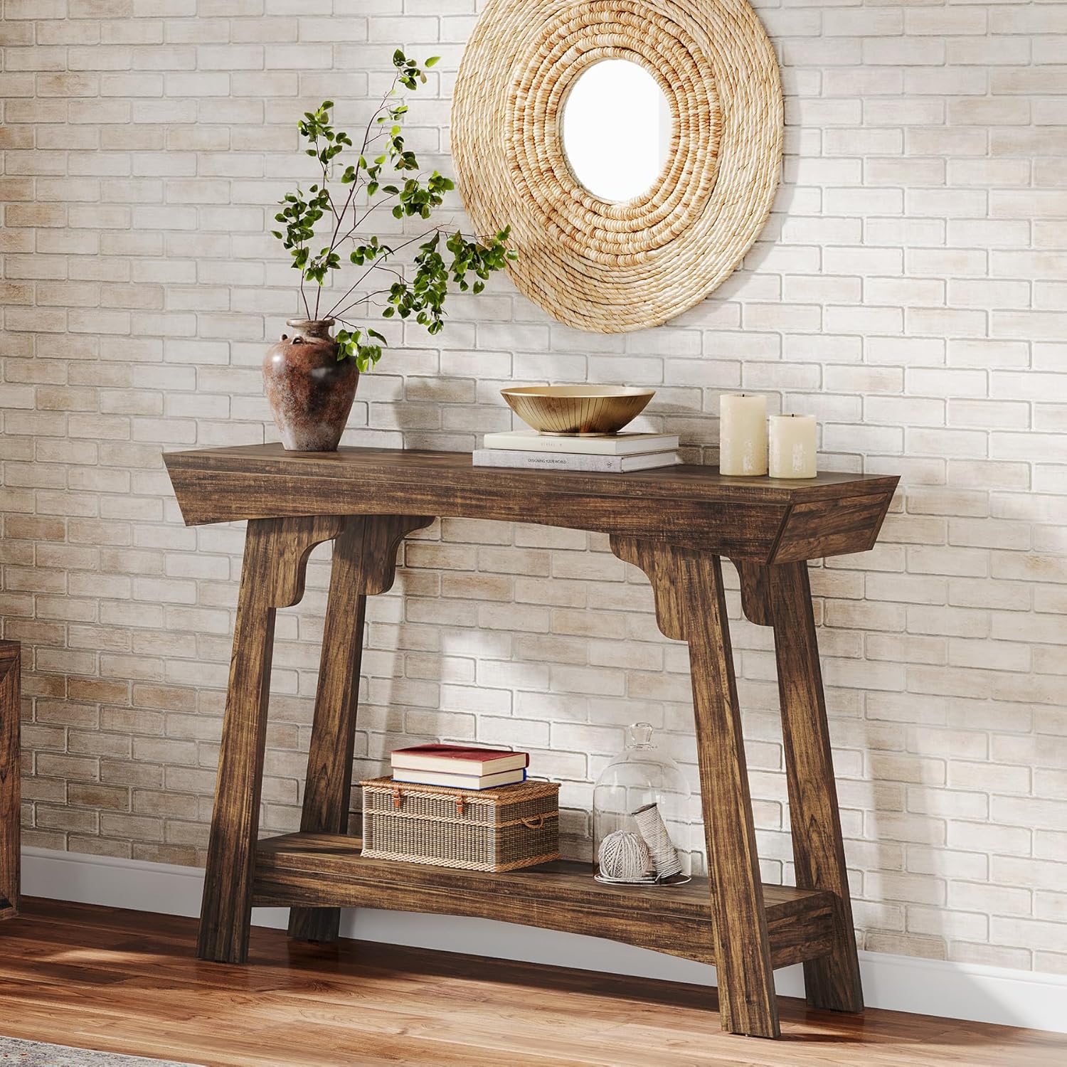 2-Tier Wood Entryway Table with Storage, Farmhouse Narrow Sofa Table