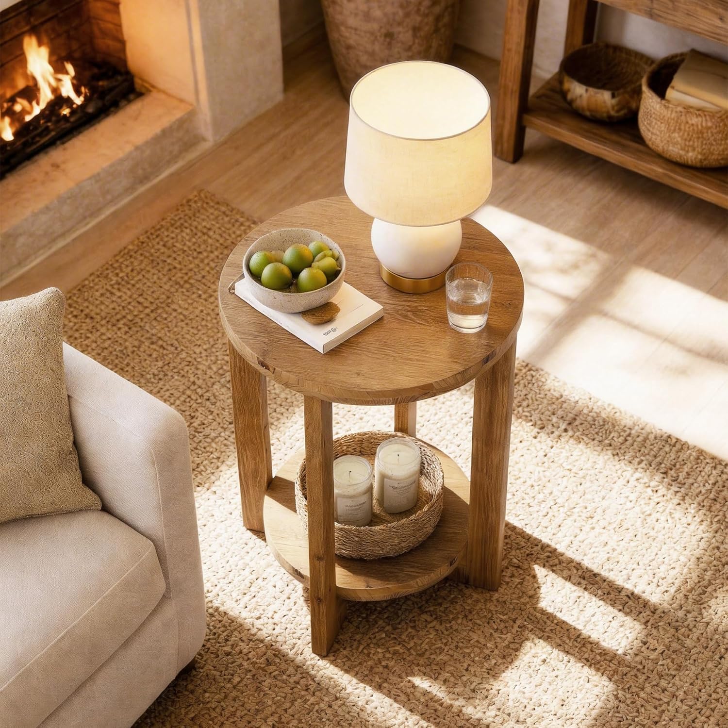 50cm 2-Tier Round End Table, Wooden Accent Table & Night Table for Living Room