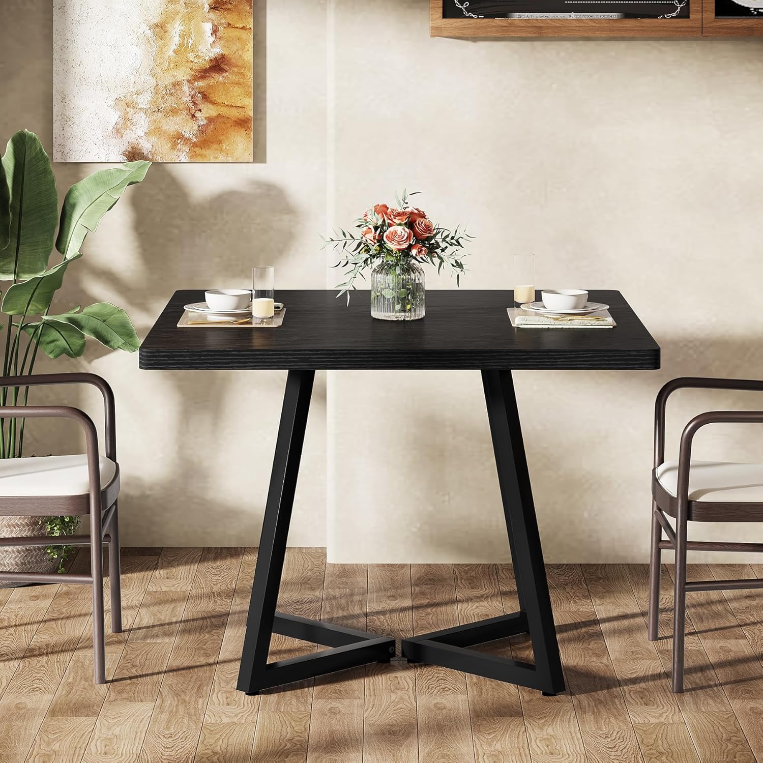 31.5" Square Dining Table, Wood Kitchen Table with Metal Legs for 4
