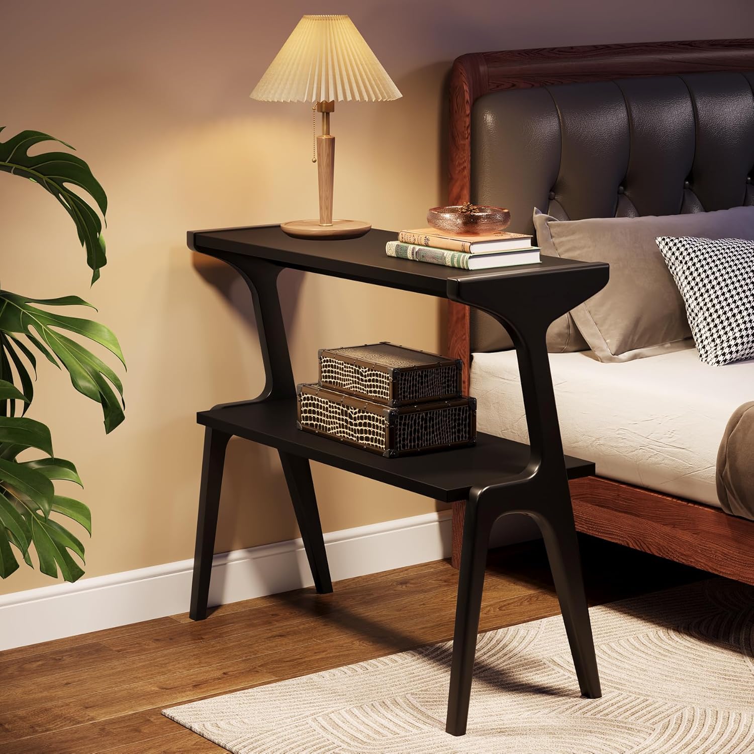 27.5" 2-Tier End Table, Slim Sofa Side Table with Storage Shelf