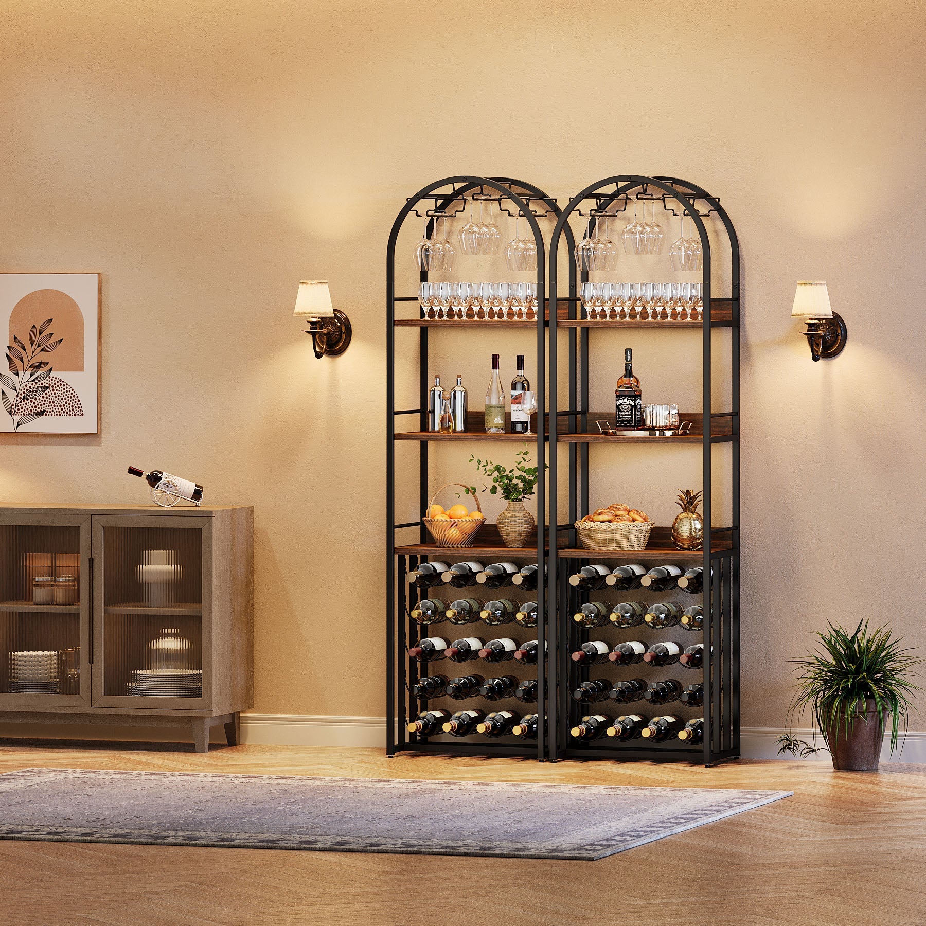 72.04" Tall Wine Rack with Glass Holder, Industrial Metal Wine Storage Stand with Tabletop