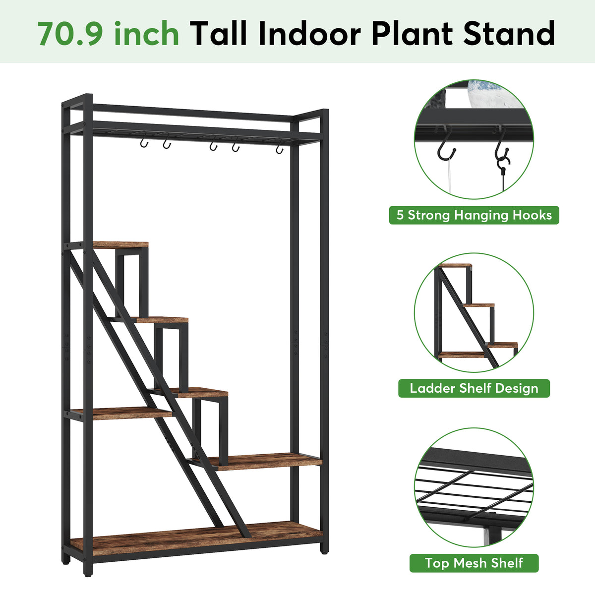 180cm Tall 7-Tier Plant Stand, Tall Flower Plant Shelf with 5 S-Hooks