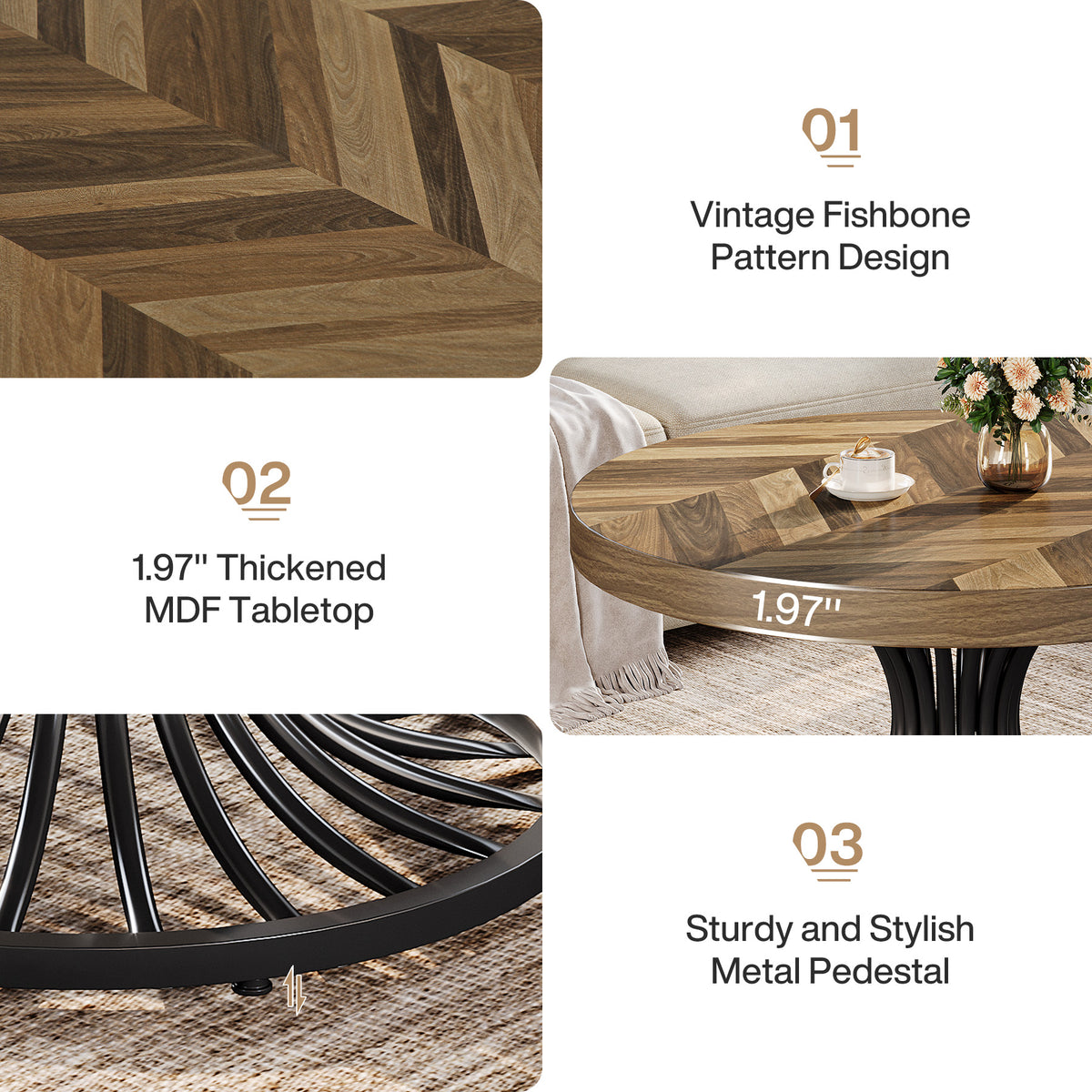 79cm Round Coffee Table, Rustic Wood Top with Metal Base for Living Room
