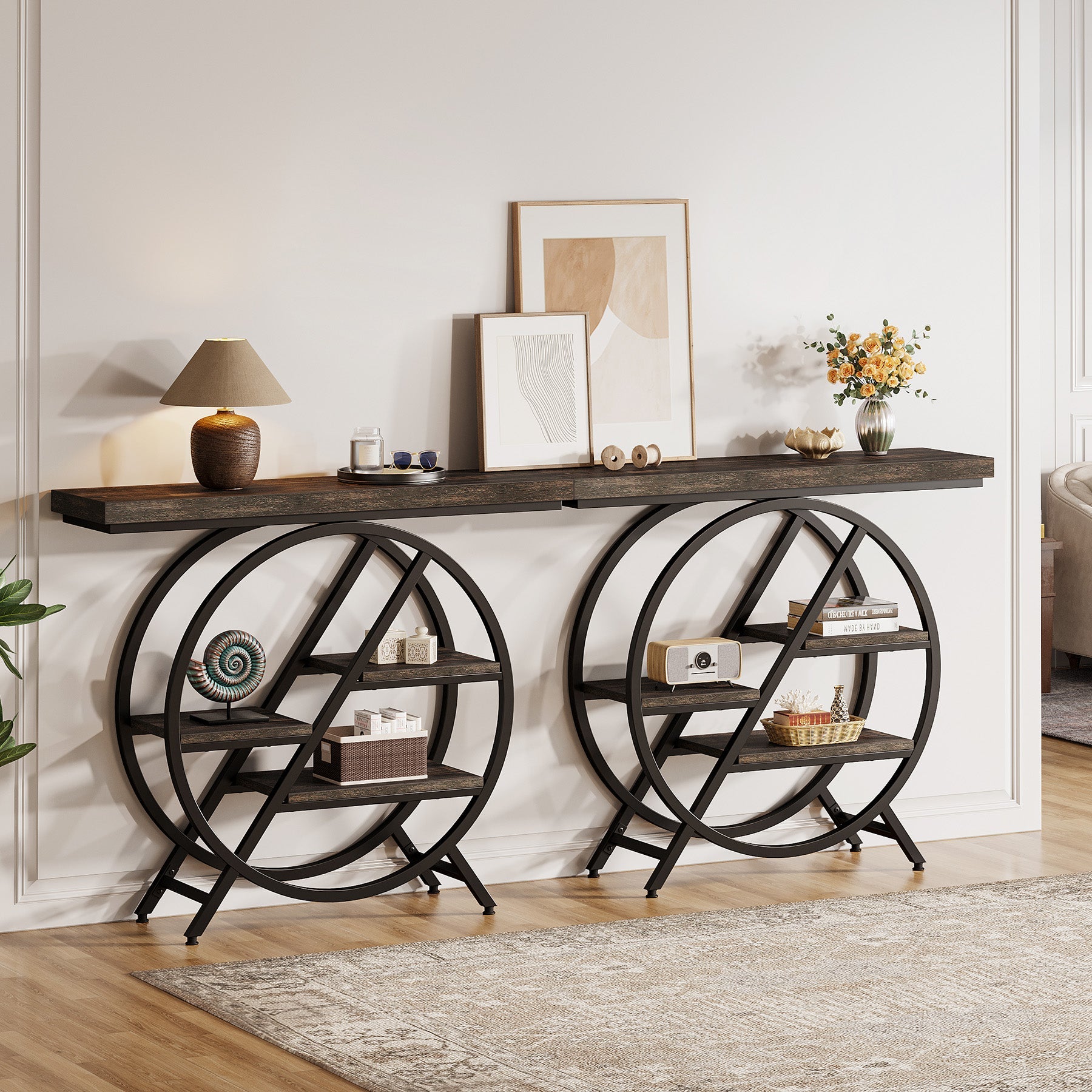 39.4" 4-Tier Console Table, Entryway Table with Geometric Metal Frame