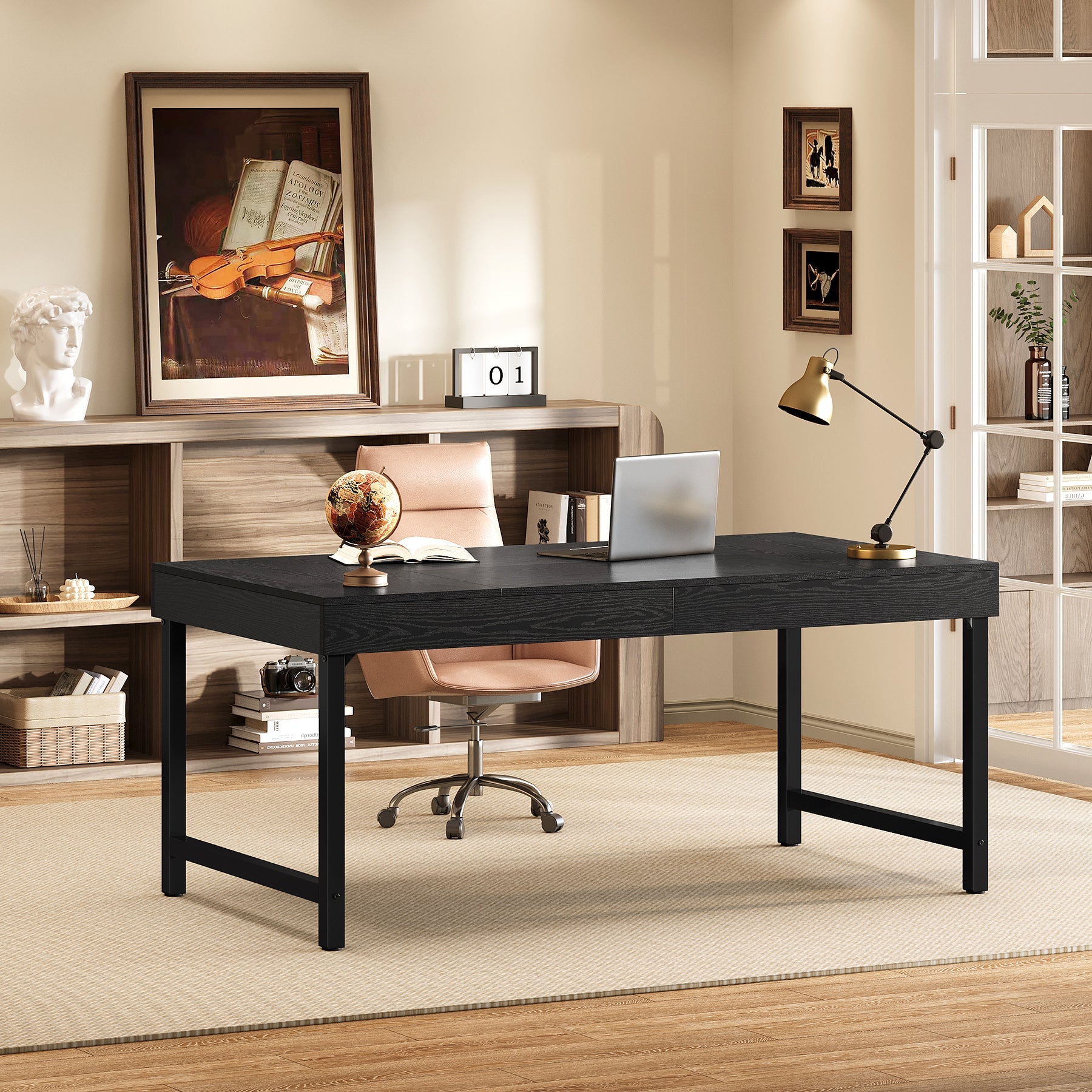 55" Industrial Executive Desk, Rustic Office Desk with Metal Legs, Study & Conference Workstation