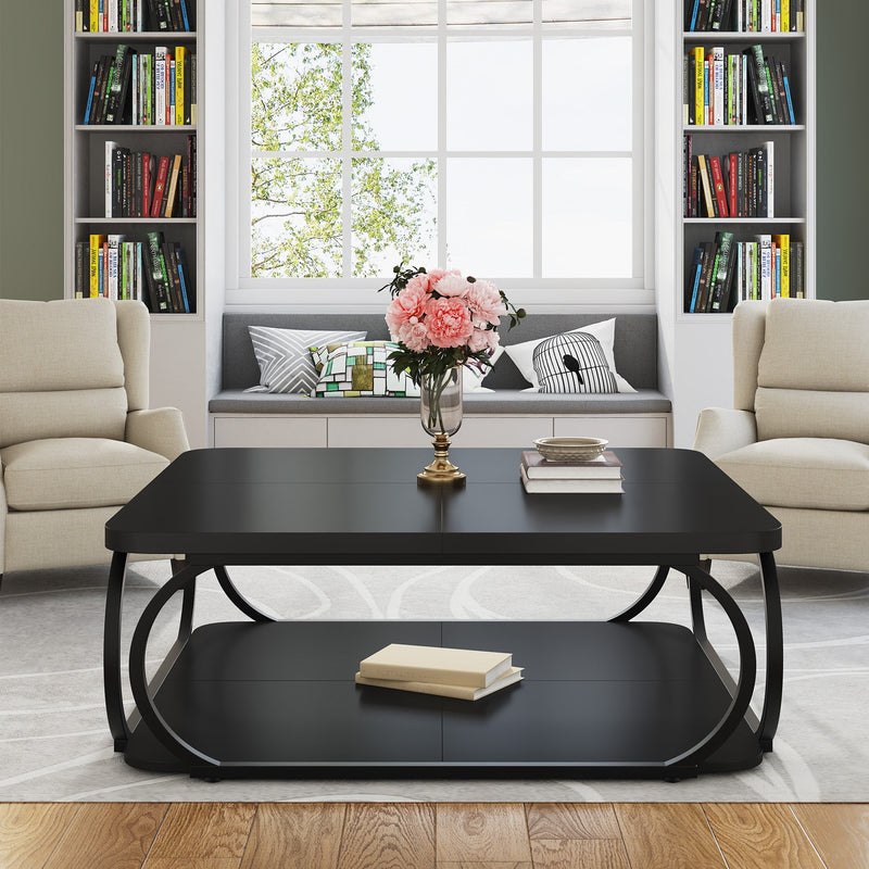 100cm Square Coffee Table , Modern Central Cocktail Table with 2-Tier Storage for Living Room