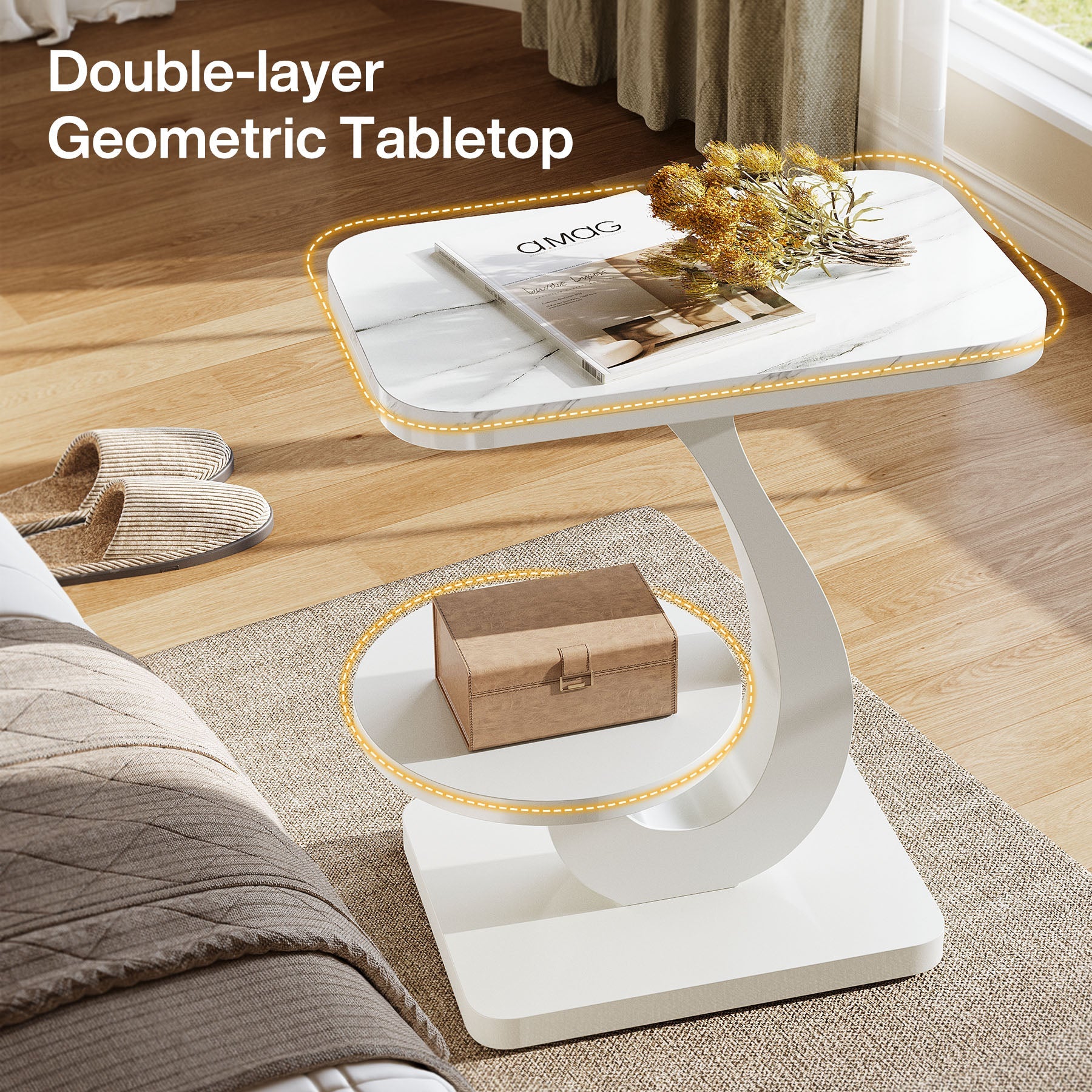 23.62" C-Shaped End Table with Faux Marble Top, Modern 2-Tier Side Table for Sofa and Bed