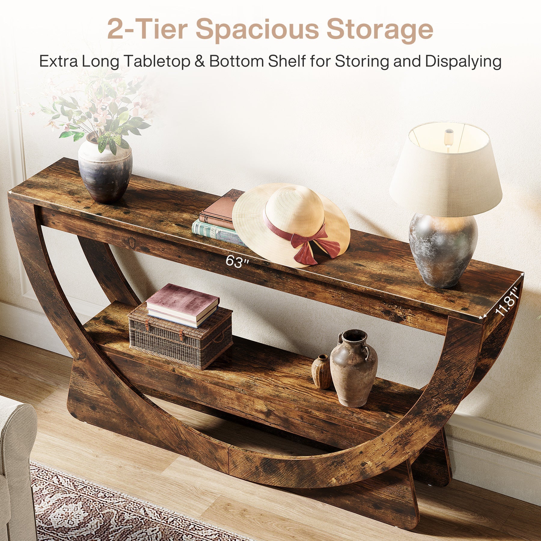 63" Farmhouse Console Table with 2 Shelves, Narrow Sofa Table in Dark Brown
