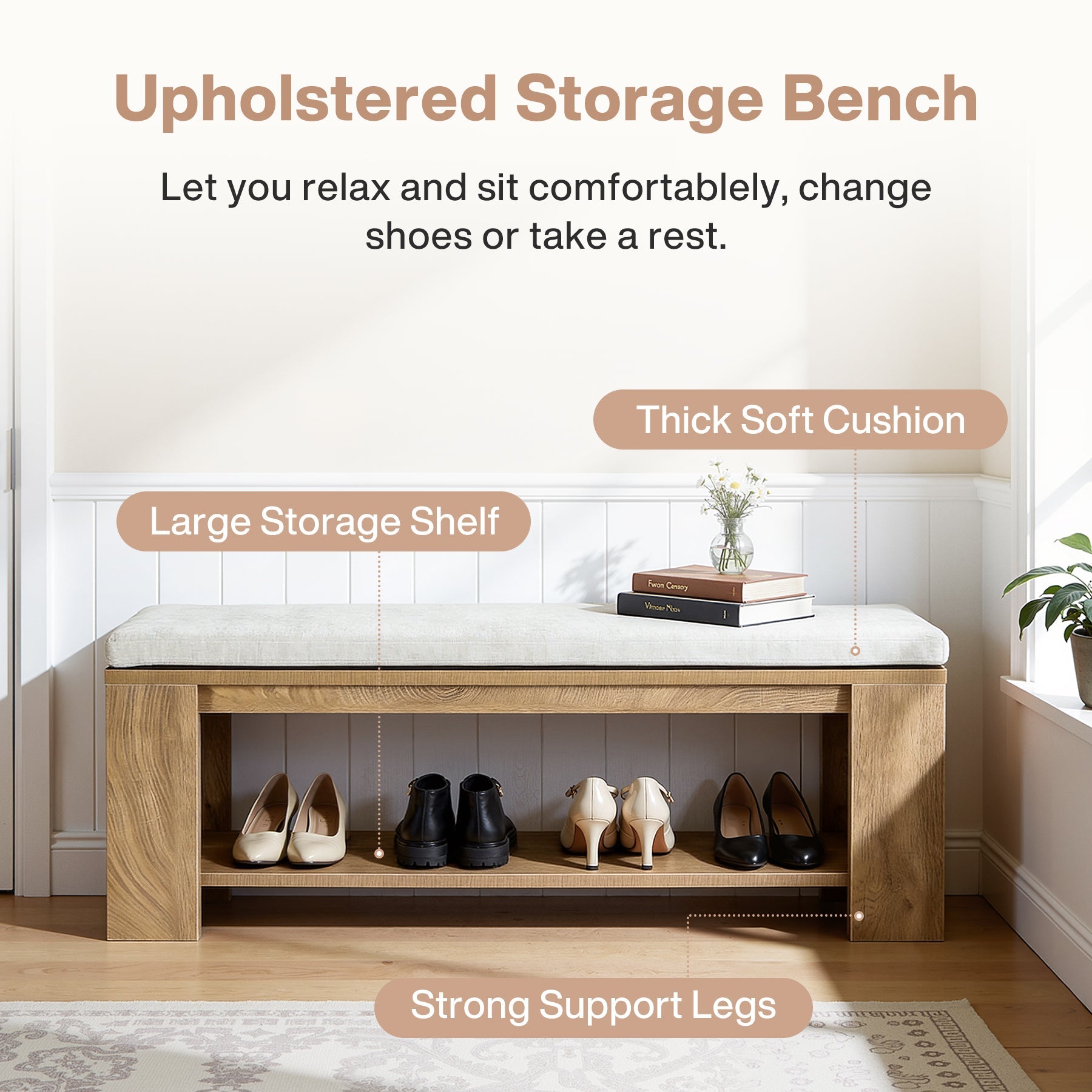 120cm Upholstered Entryway Bench, Indoor End of Bed Bench with Padded Seat