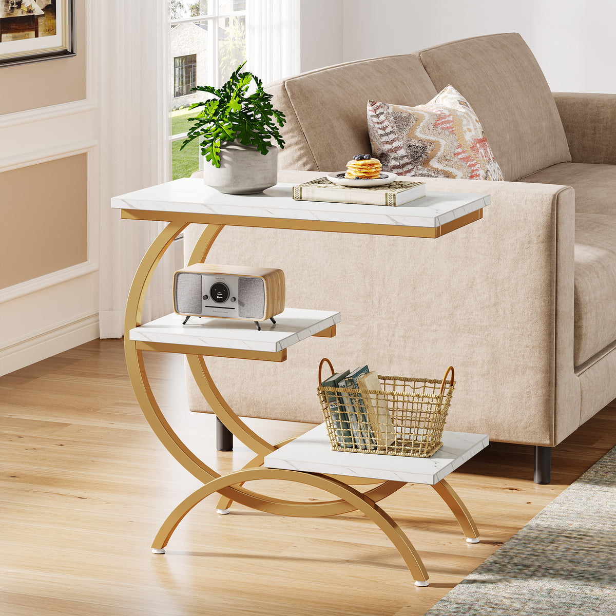 23.62" Industrial Brown Oak Side Table, Black Metal C-Frame & 3 Shelves