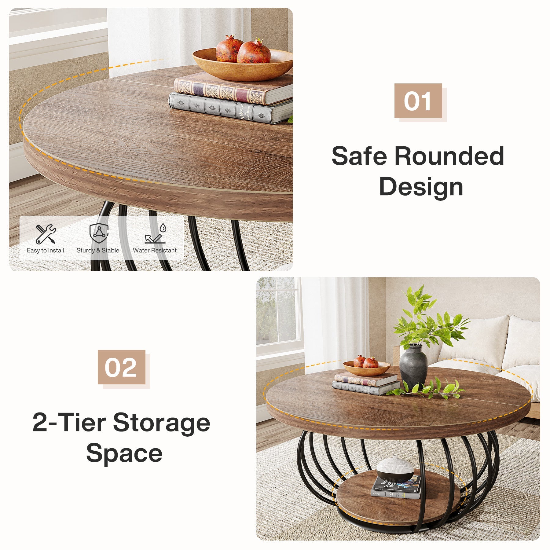 39" Round Coffee Table - 2-Tier Industrial Cocktail Table with Metal Frame, Rustic Brown & Black