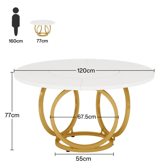 120cm Modern Round Dining Table for 4, White Wood Kitchen Table with Gold Metal Base
