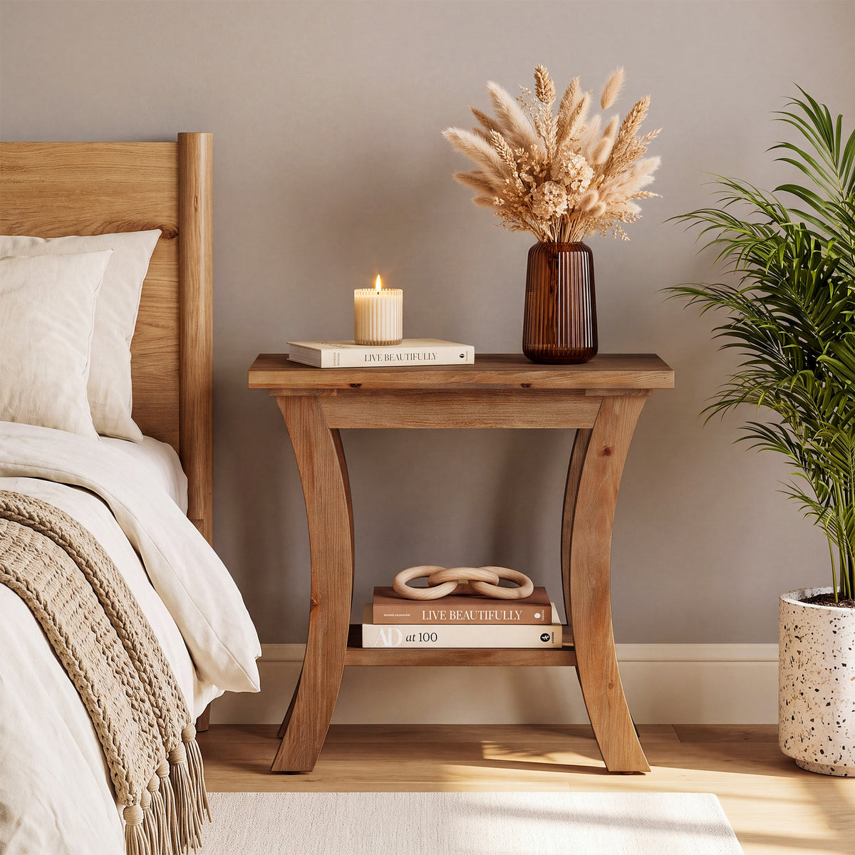 60cm Side Table, Solid Wood Farmhouse End Table with Lower Shelf
