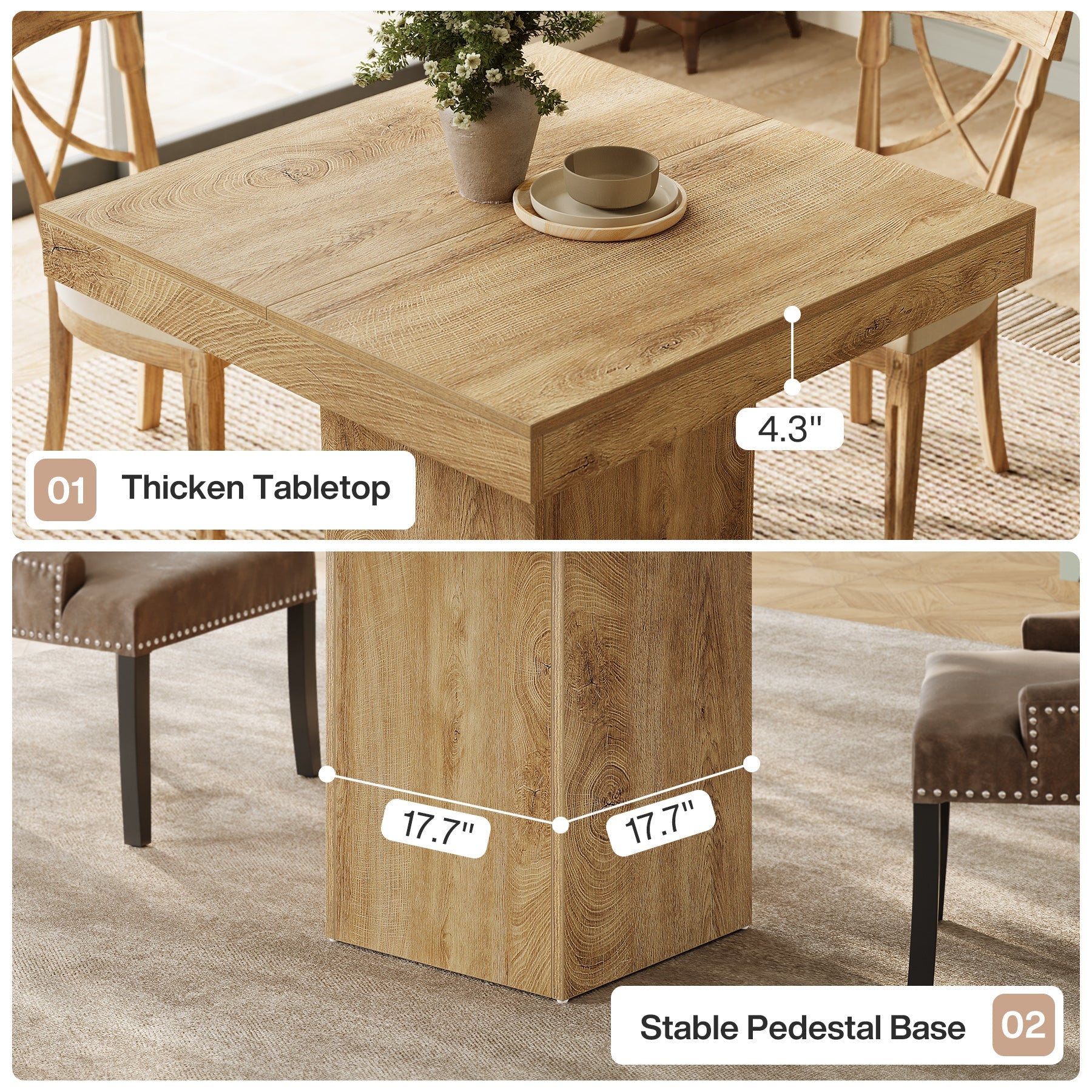 39" Square Farmhouse Dining Table, Solid Wood Kitchen Table with Pedestal Base for 4