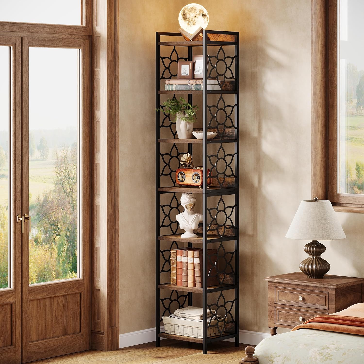 200cm Corner Shelf, 7-Tier Freestanding Bookshelf Bookcase with Metal Frame