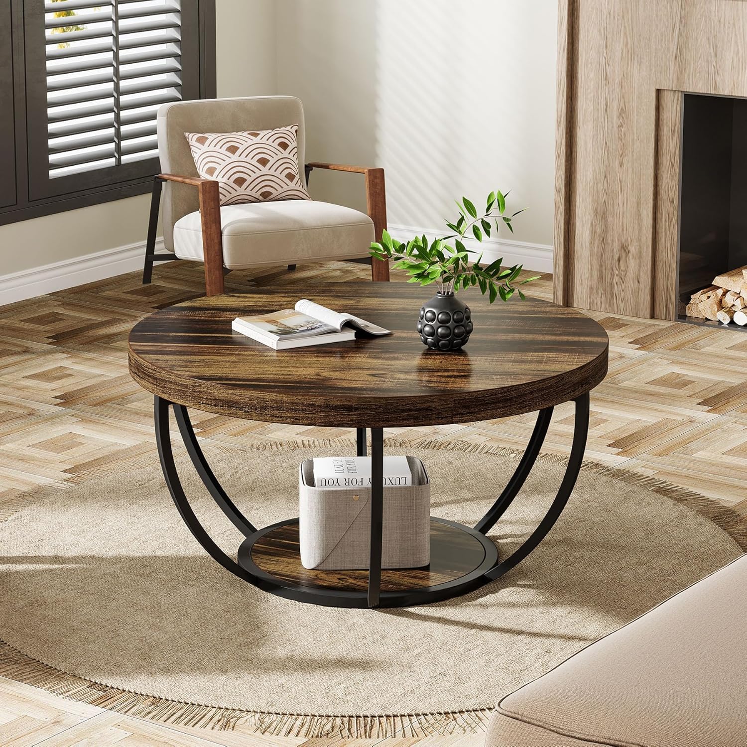 31.69" Round Wooden Coffee Table, 2-Tier Central Cocktail Table with Shelves