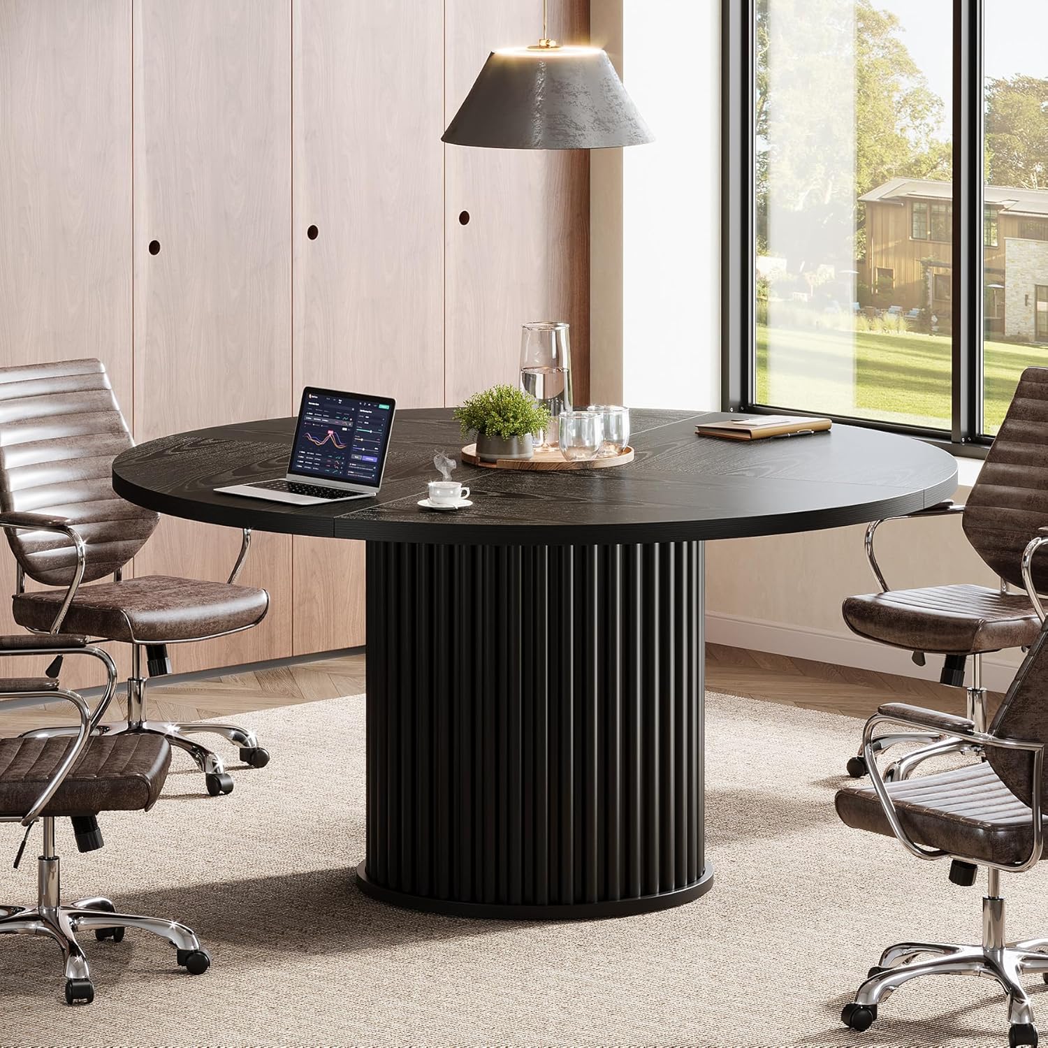 47" Round Conference Table for 4–6 People, Meeting Table with Sturdy Metal Base