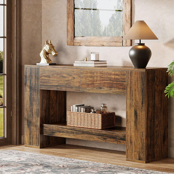 140cm Console Table, Rustic Brown 2-Drawer 2-Tier Narrow Hallway Table