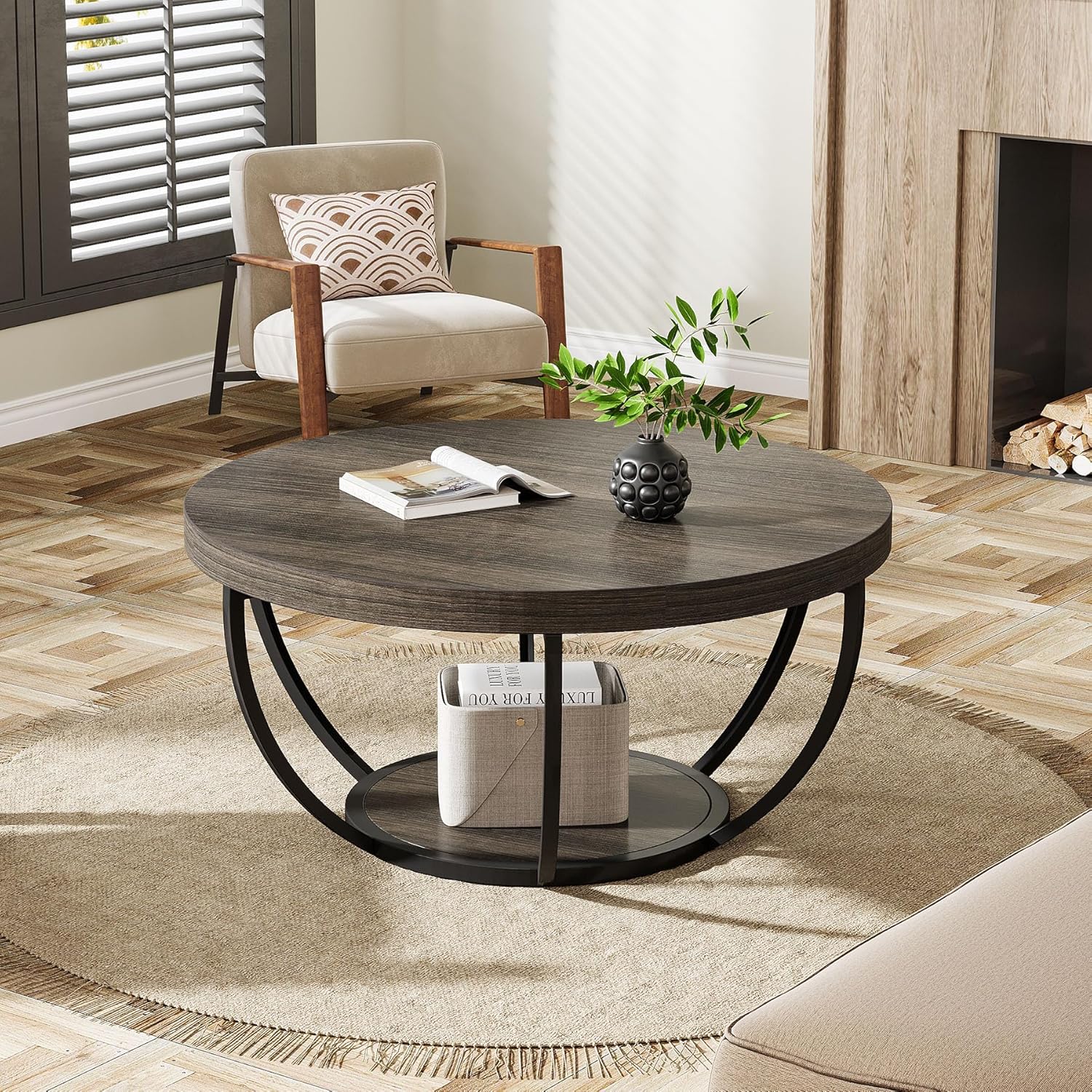 31.69" Round Wooden Coffee Table, 2-Tier Central Cocktail Table with Shelves