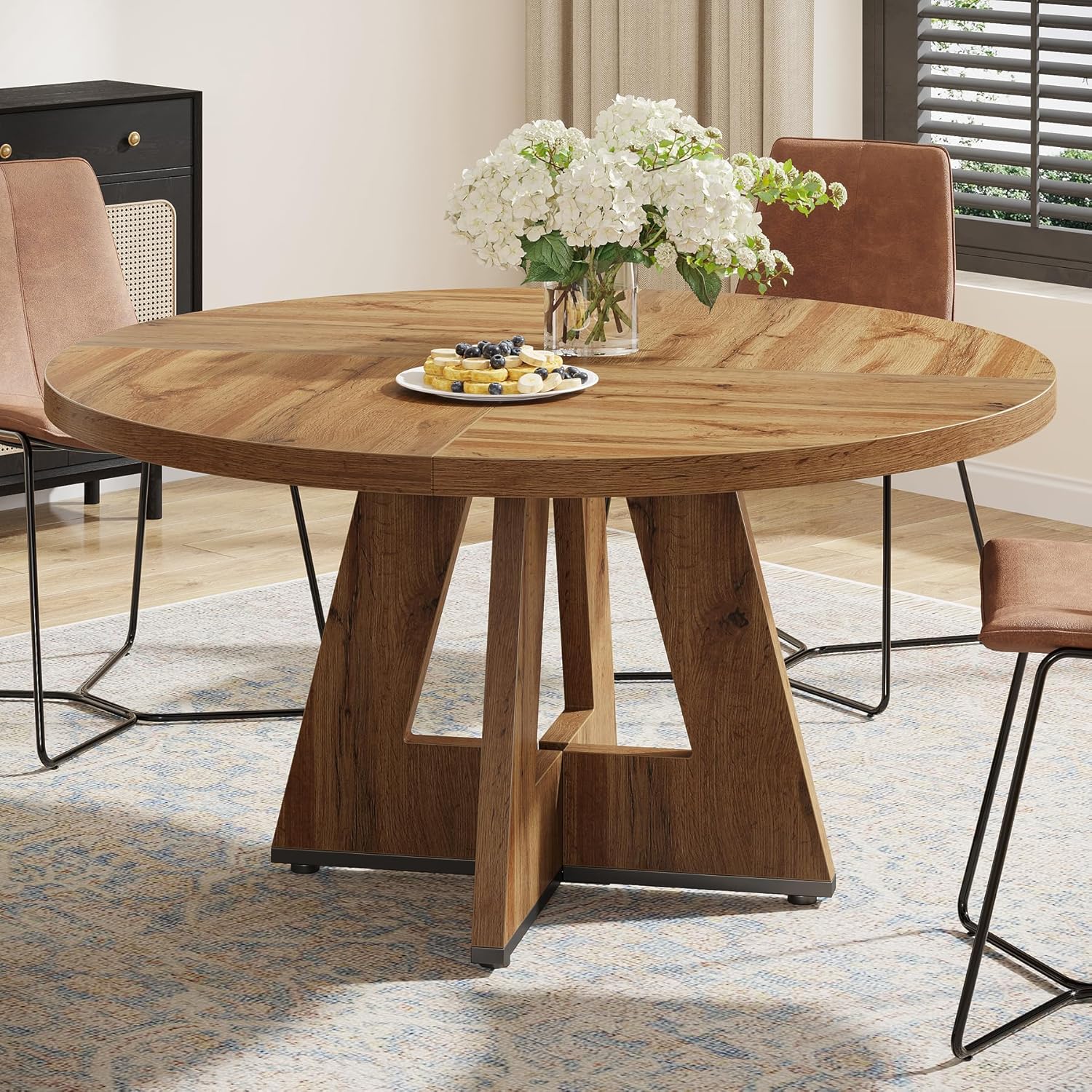 47" Round Dining Table, Farmhouse Wood Kitchen Table for 4-6 with Cross Base