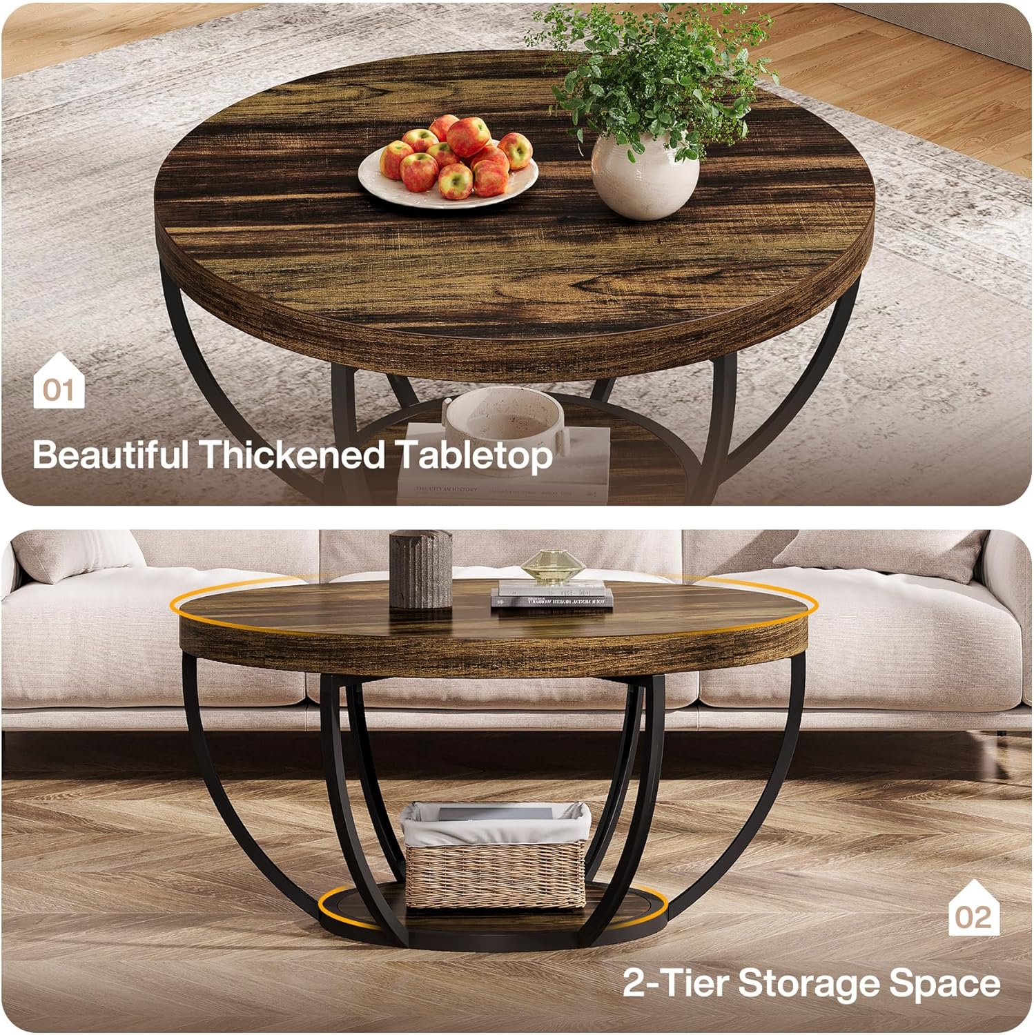 31.69" Round Wooden Coffee Table, 2-Tier Central Cocktail Table with Shelves