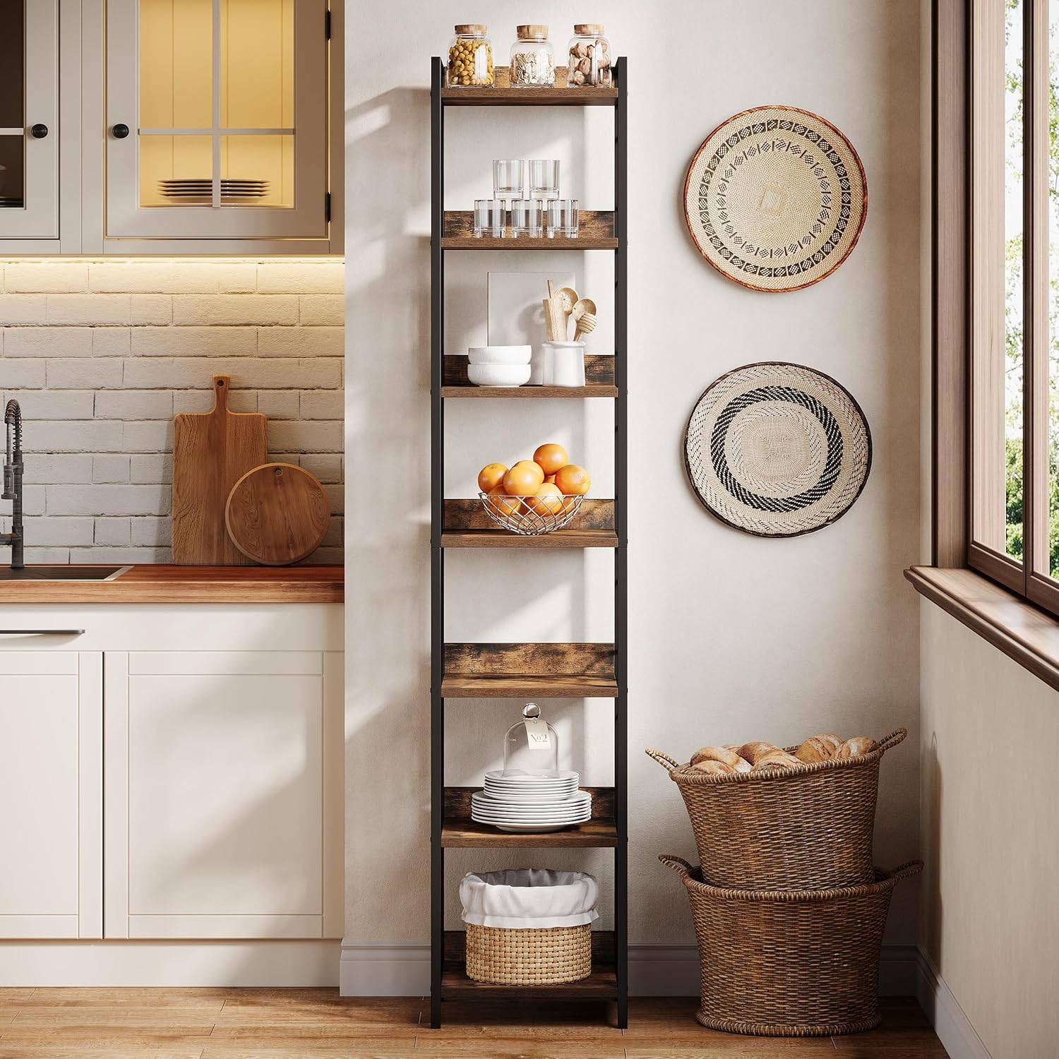 200cm Corner Shelf, 7-Tier Freestanding Bookshelf Bookcase with Metal Frame