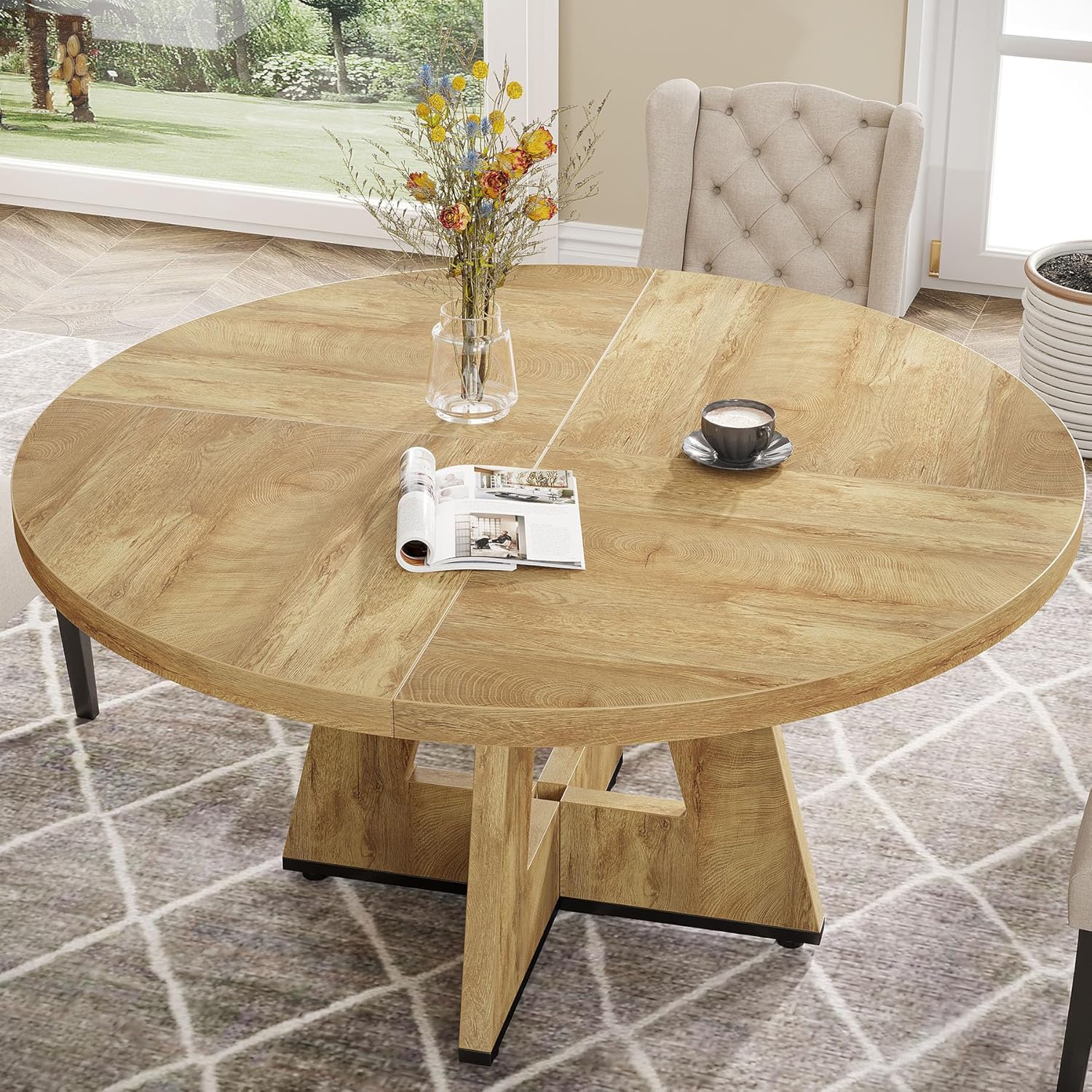 47" Round Dining Table, Farmhouse Wood Kitchen Table for 4-6 with Cross Base