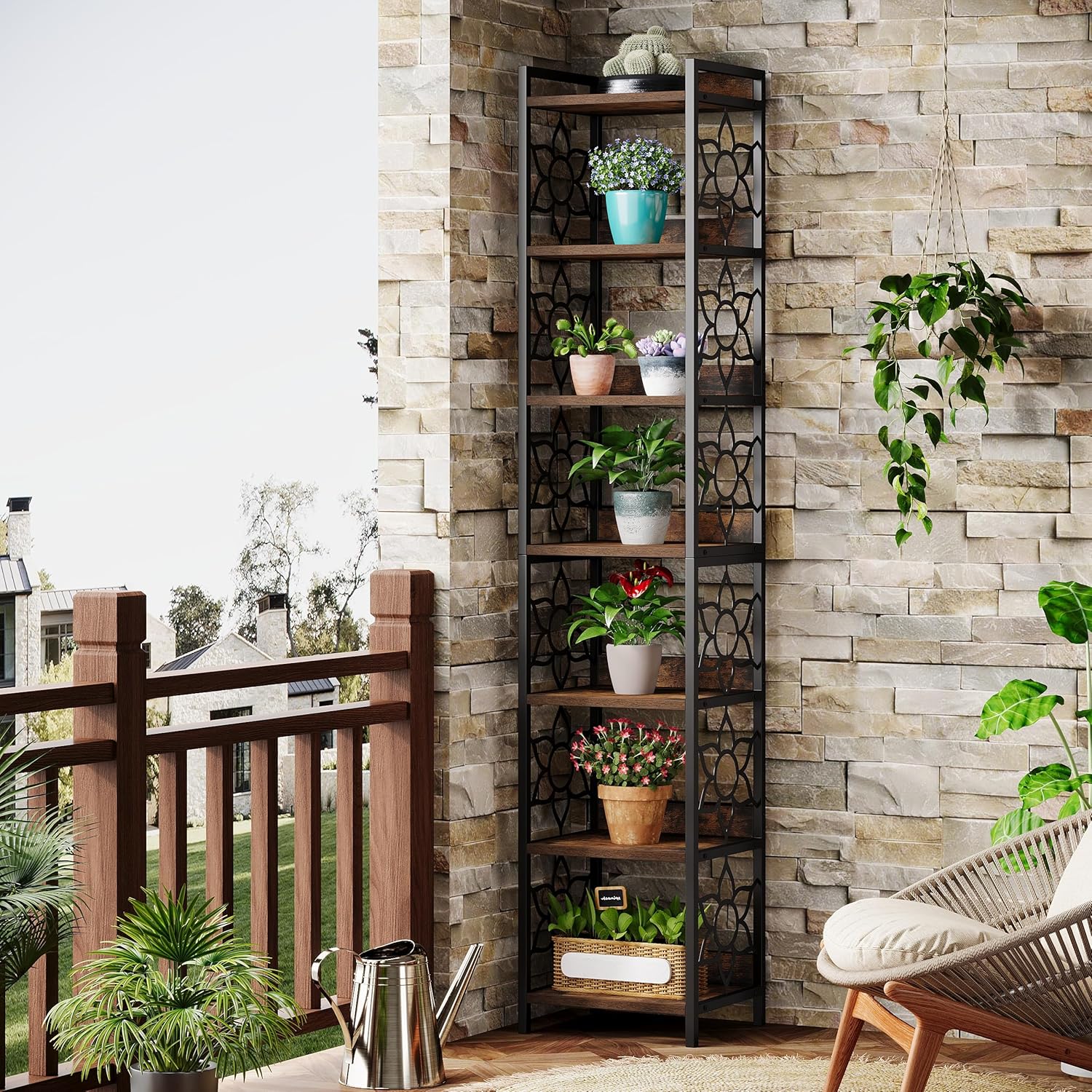 200cm Corner Shelf, 7-Tier Freestanding Bookshelf Bookcase with Metal Frame