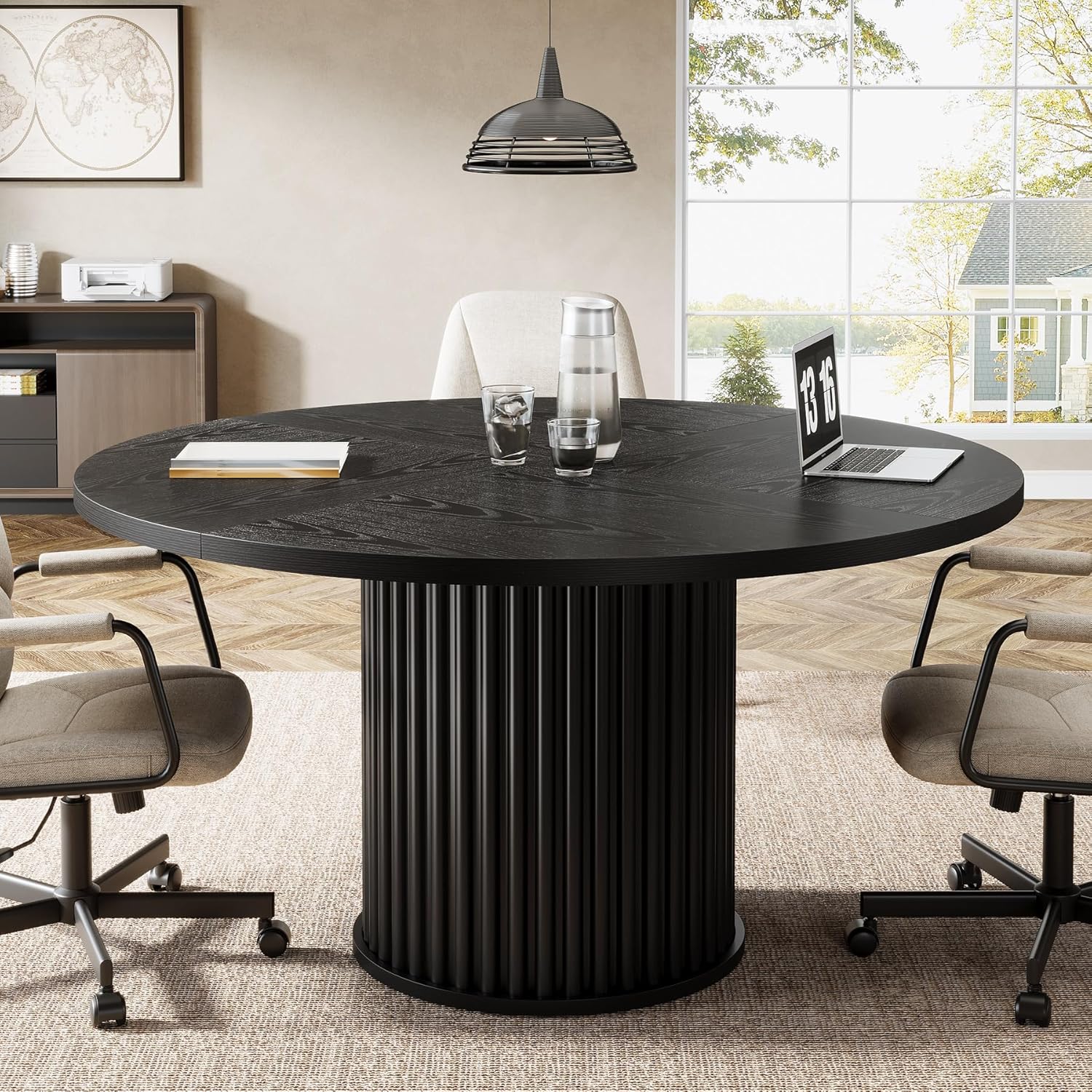 47" Round Conference Table for 4–6 People, Meeting Table with Sturdy Metal Base