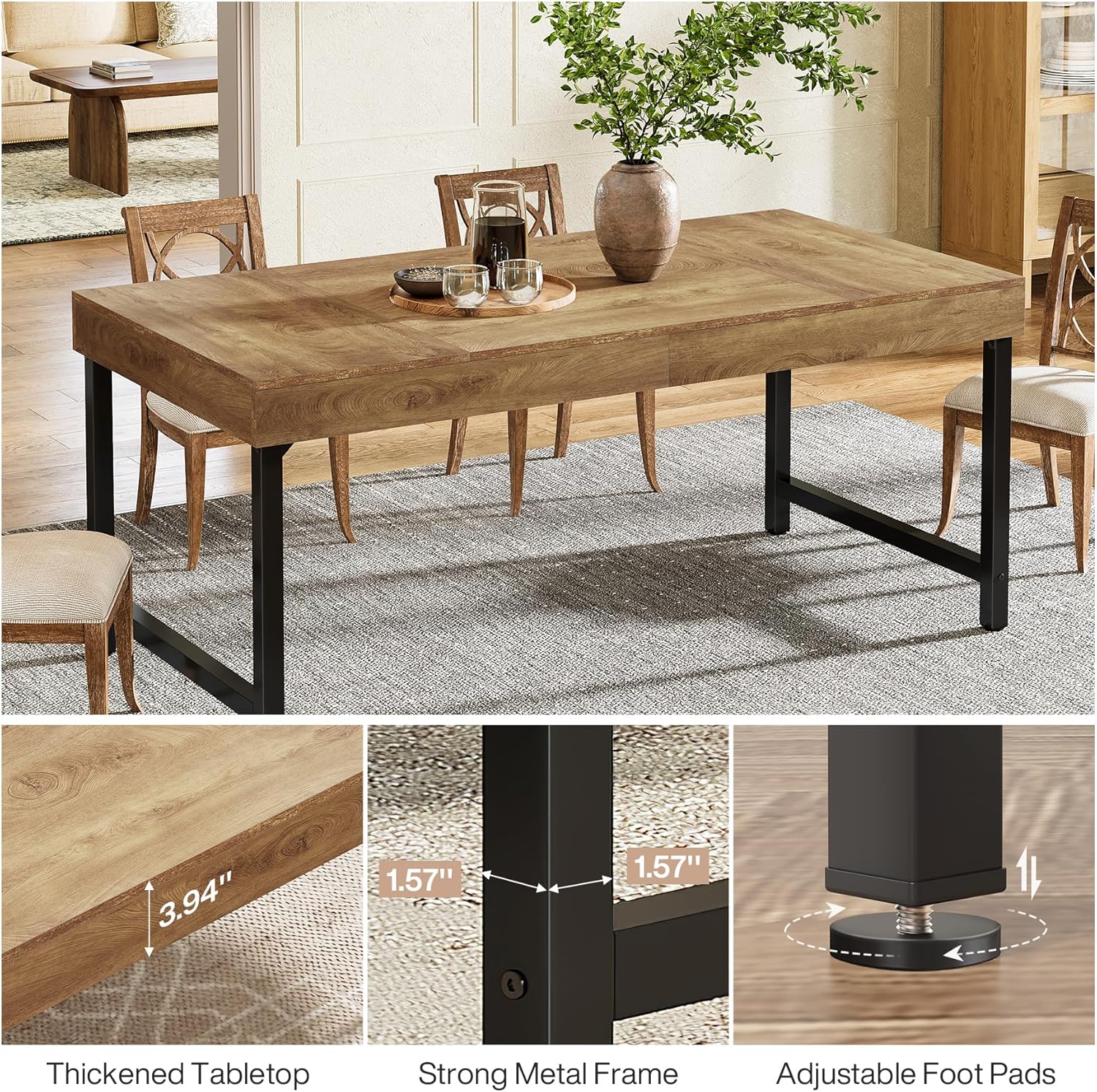 55" Tribesigns Farmhouse Dining Table, with Heavy-Duty Metal Legs for 4-6 People