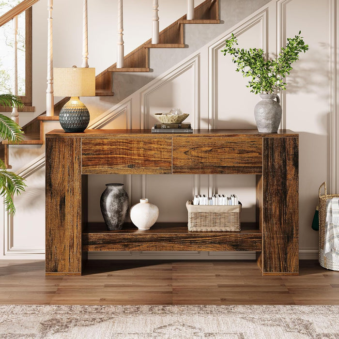 140cm Console Table, Rustic Brown 2-Drawer 2-Tier Narrow Hallway Table