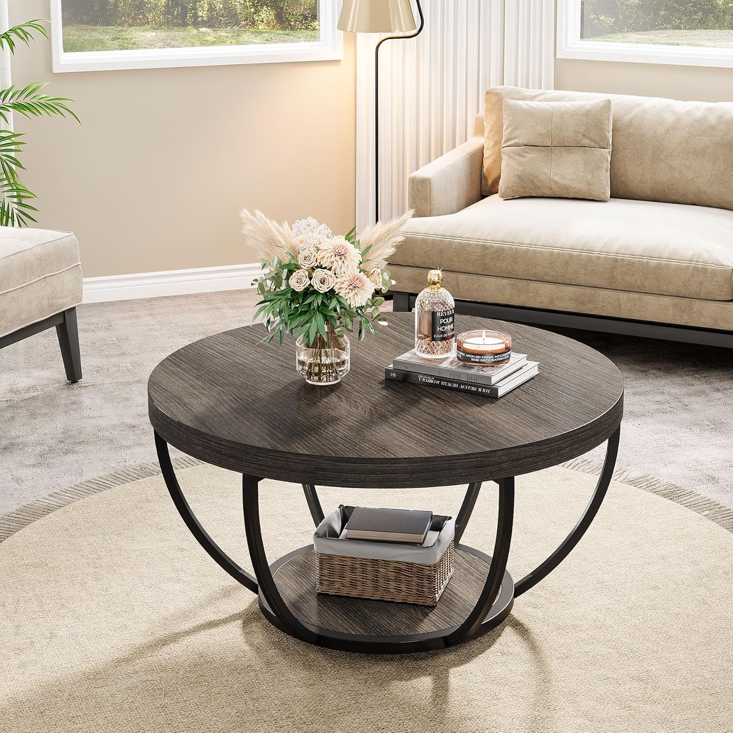 31.69" Round Wooden Coffee Table, 2-Tier Central Cocktail Table with Shelves